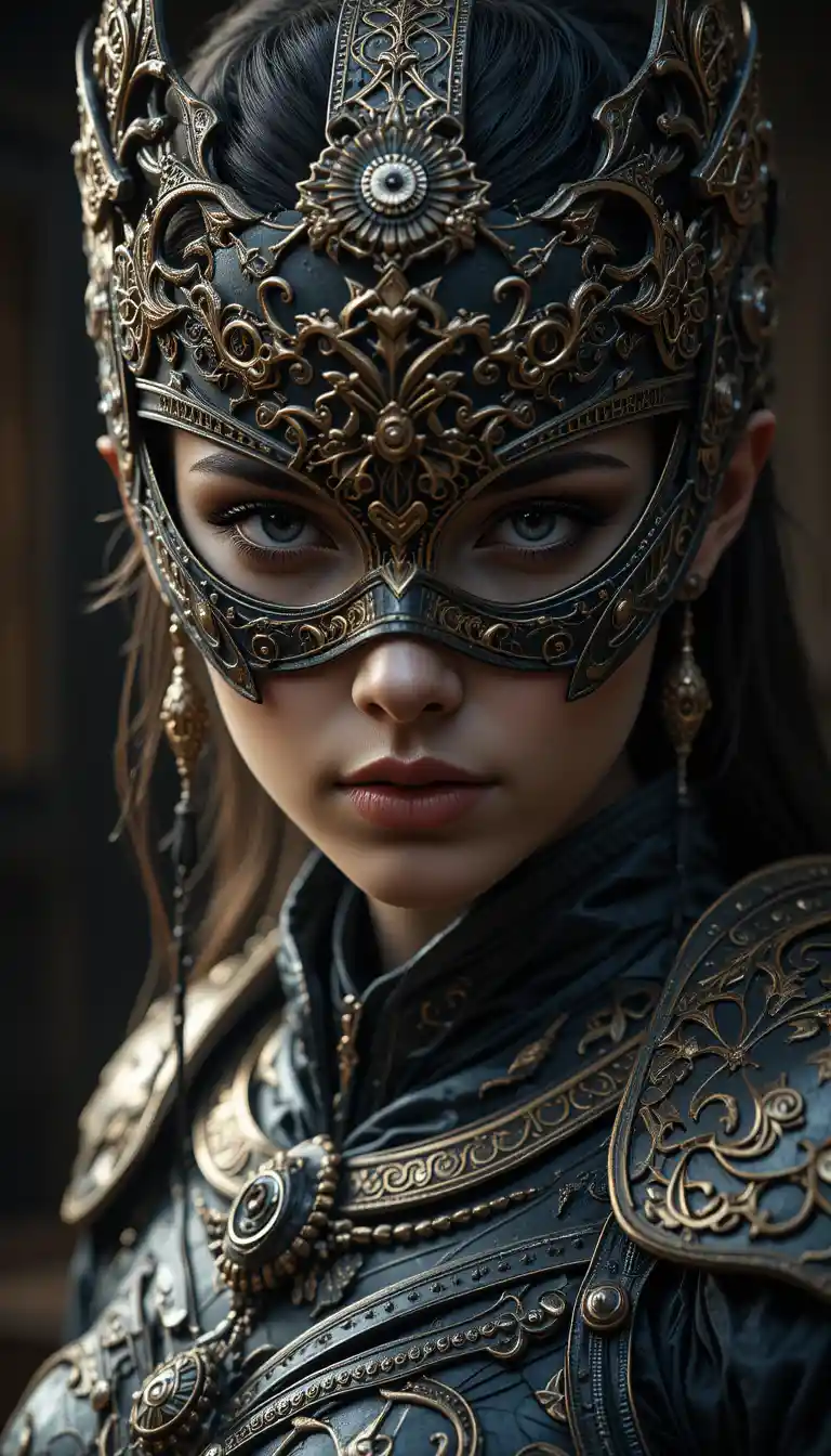 Masked female warrior in ornate black and gold armor