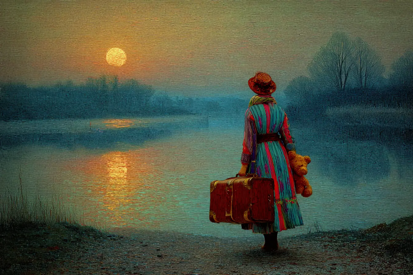 Woman walking to a moonlit pond with suitcase and bear