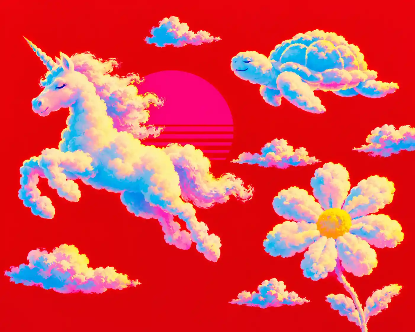 Anime-Wolkenformen vor strahlend rotem minimalistischem Hintergrund
