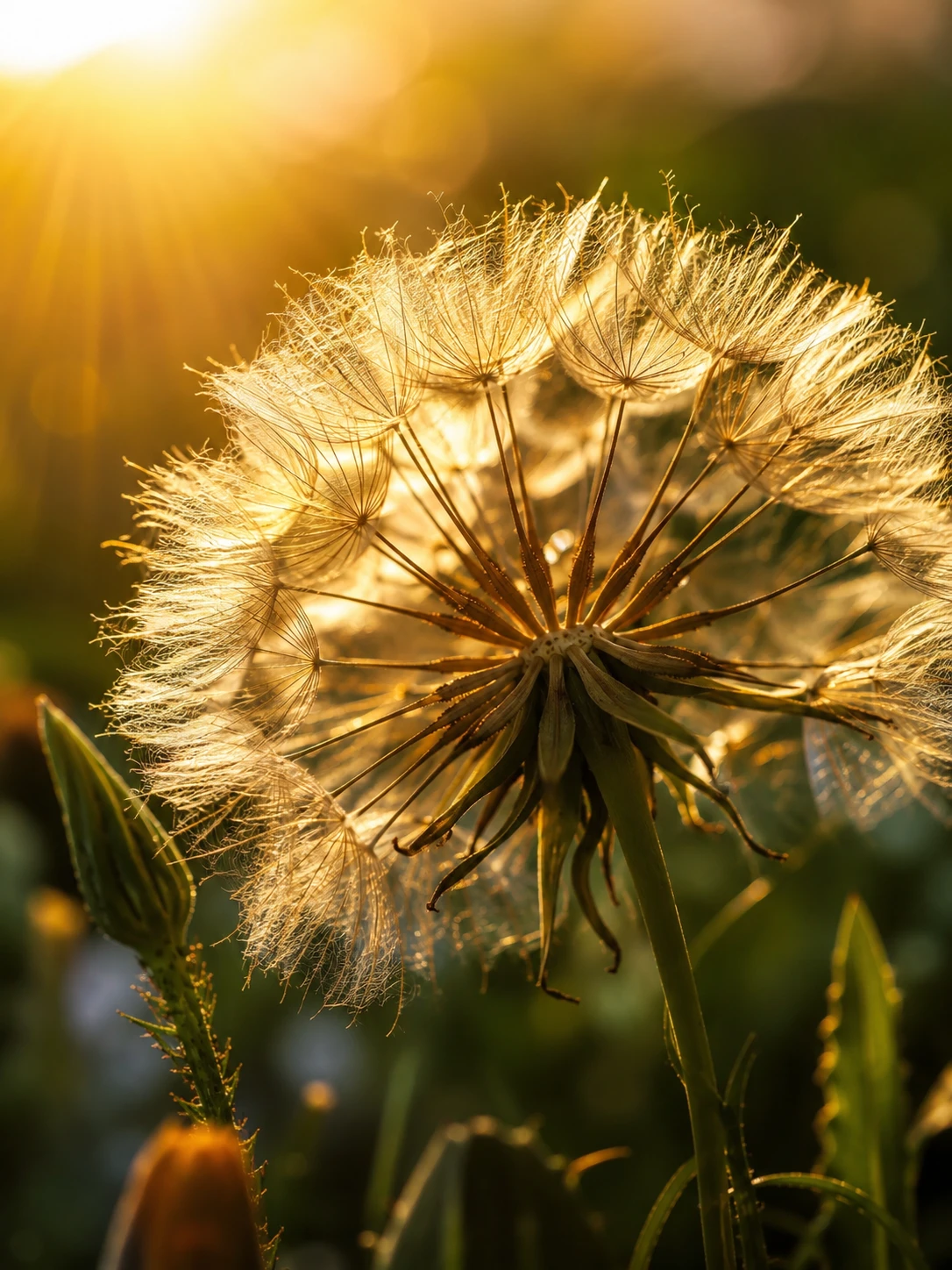 Primo piano di un soffione con bokeh luminoso alla golden hour