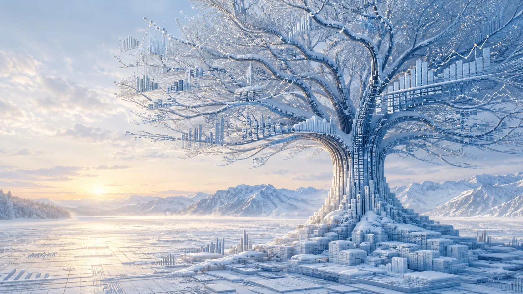Árbol de datos cubierto de nieve al amanecer en montañas invernales