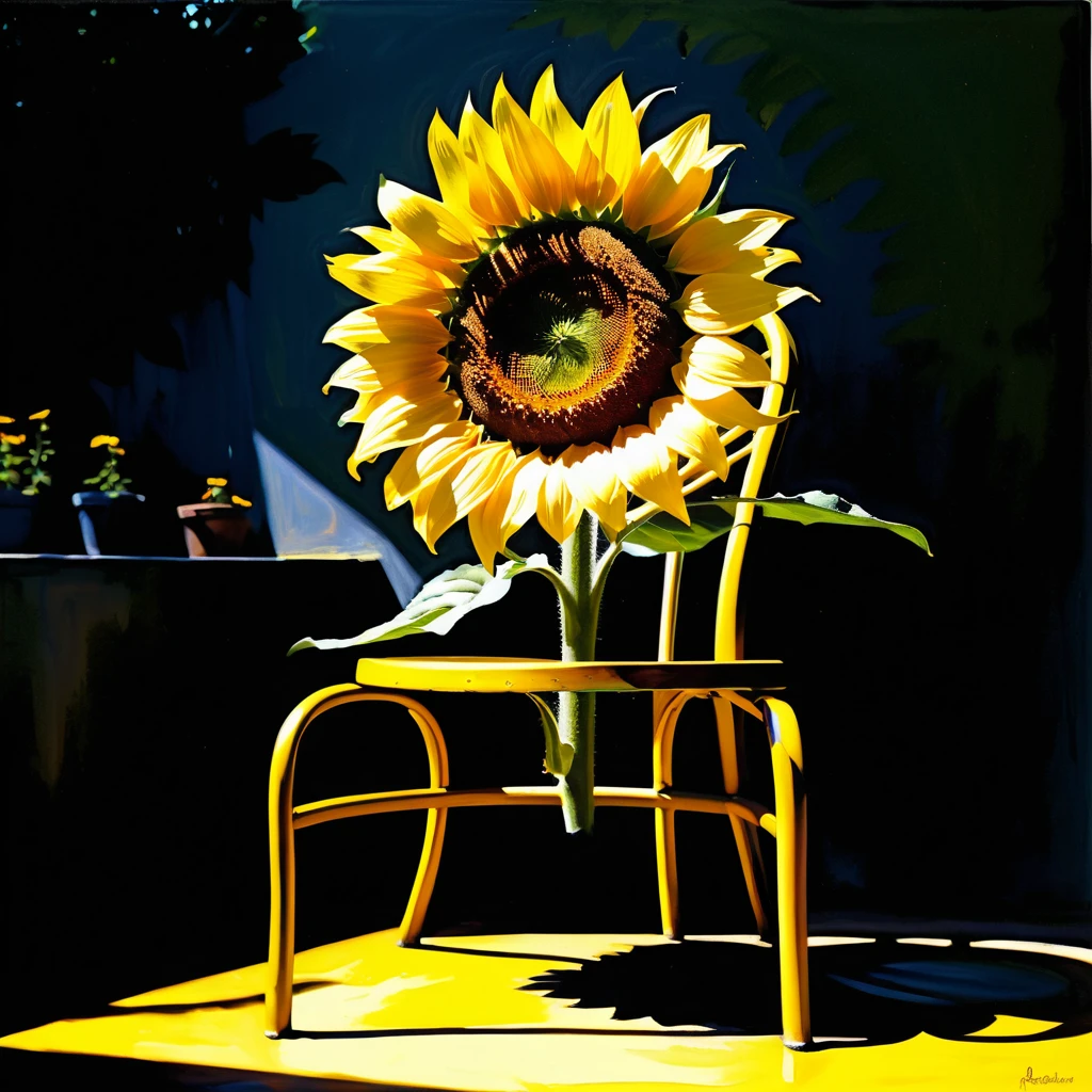 Gigantische Sonnenblume, die sich über einen kleinen Gartenstuhl beugt
