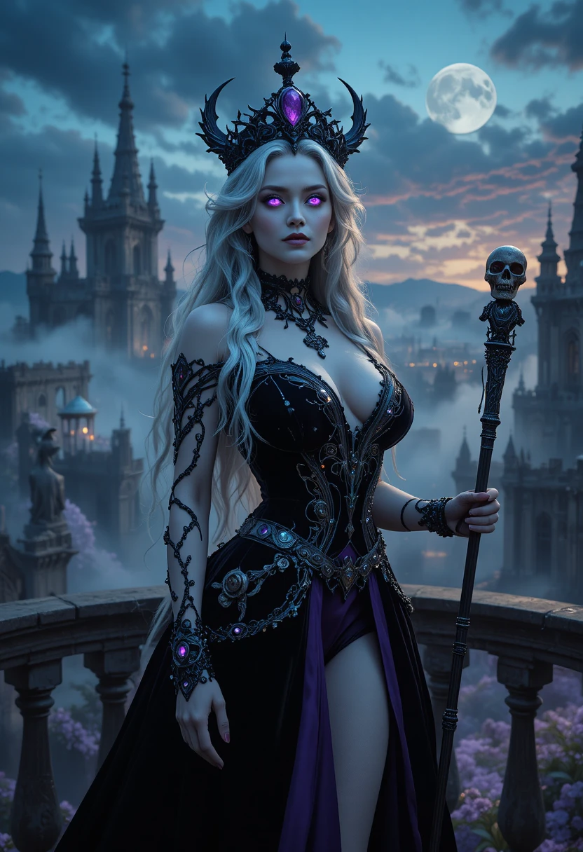 Seductive undead queen on a gothic castle balcony at dusk