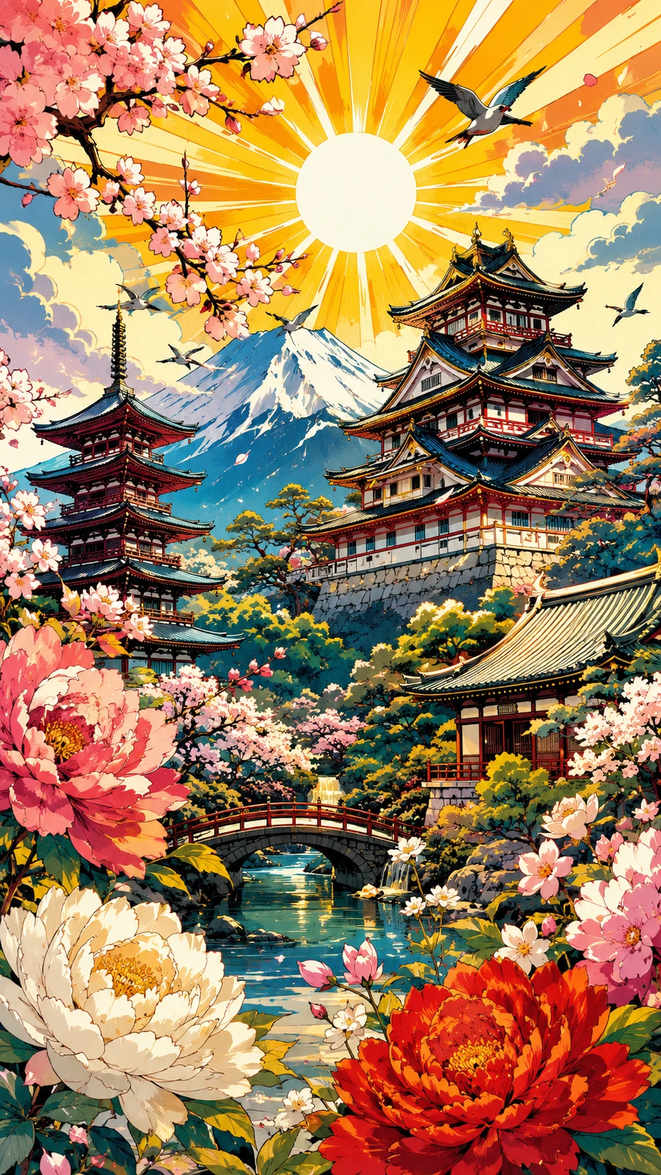 Historic Japanese buildings in a vibrant floral city scene