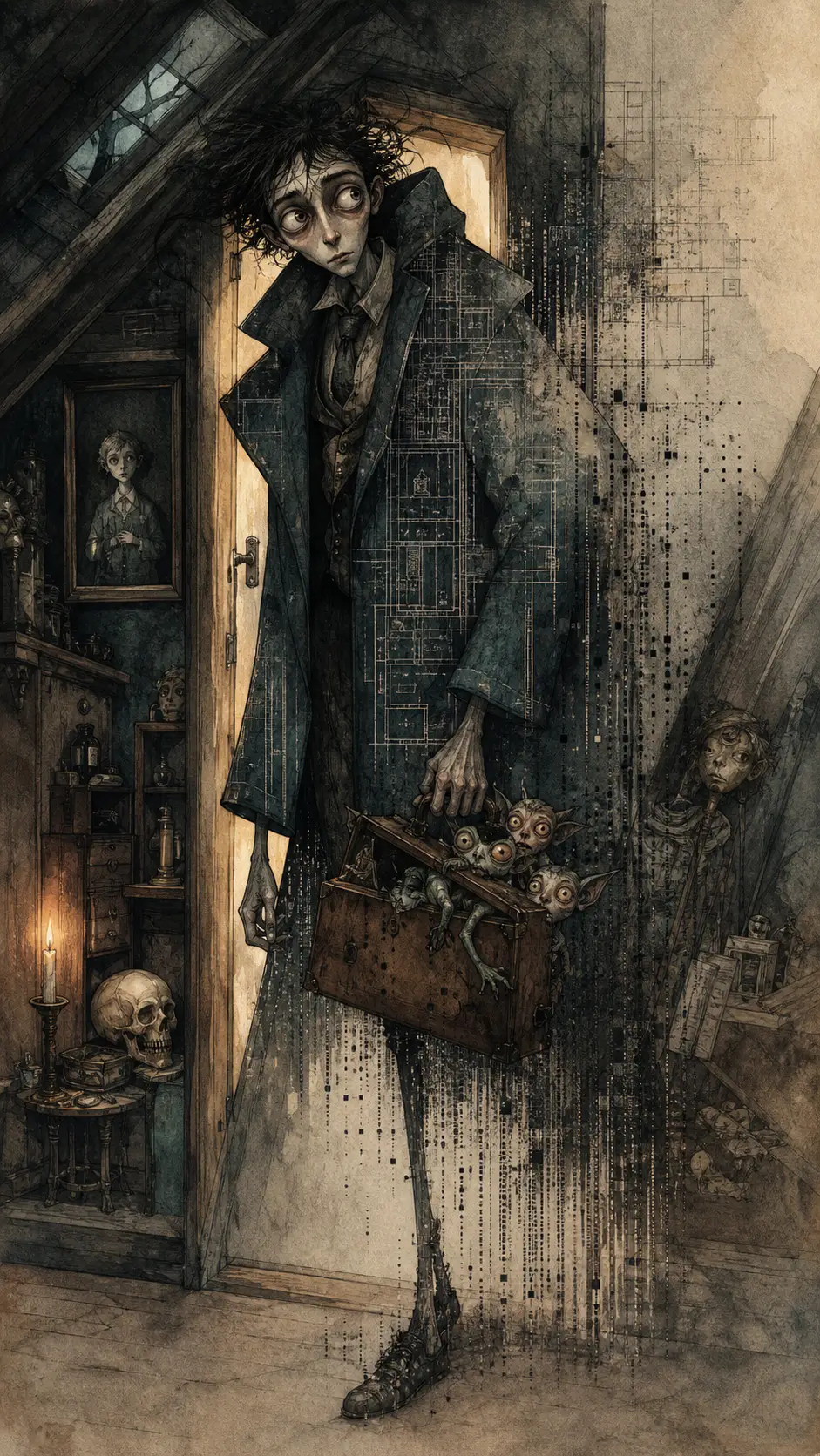 Gothic man emerging from tiny attic doorway with suitcase