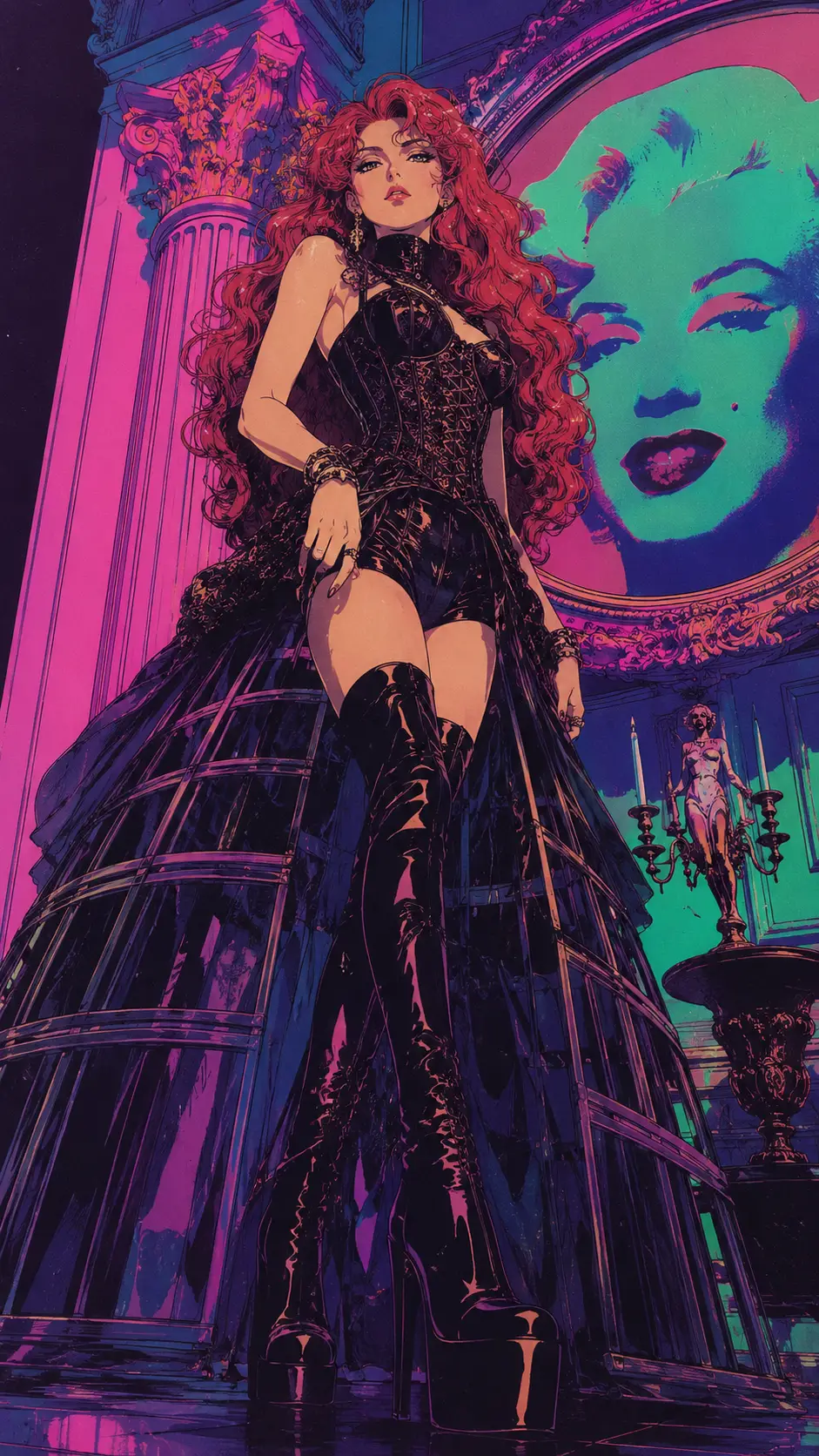 Diva de anime neon em vestido gaiola vitoriano gótico