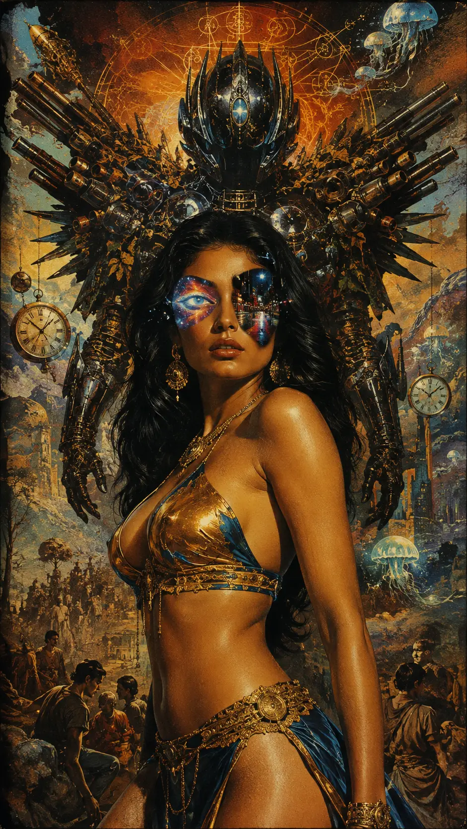 Mujer india surreal en bikini dorado con ojos cósmicos