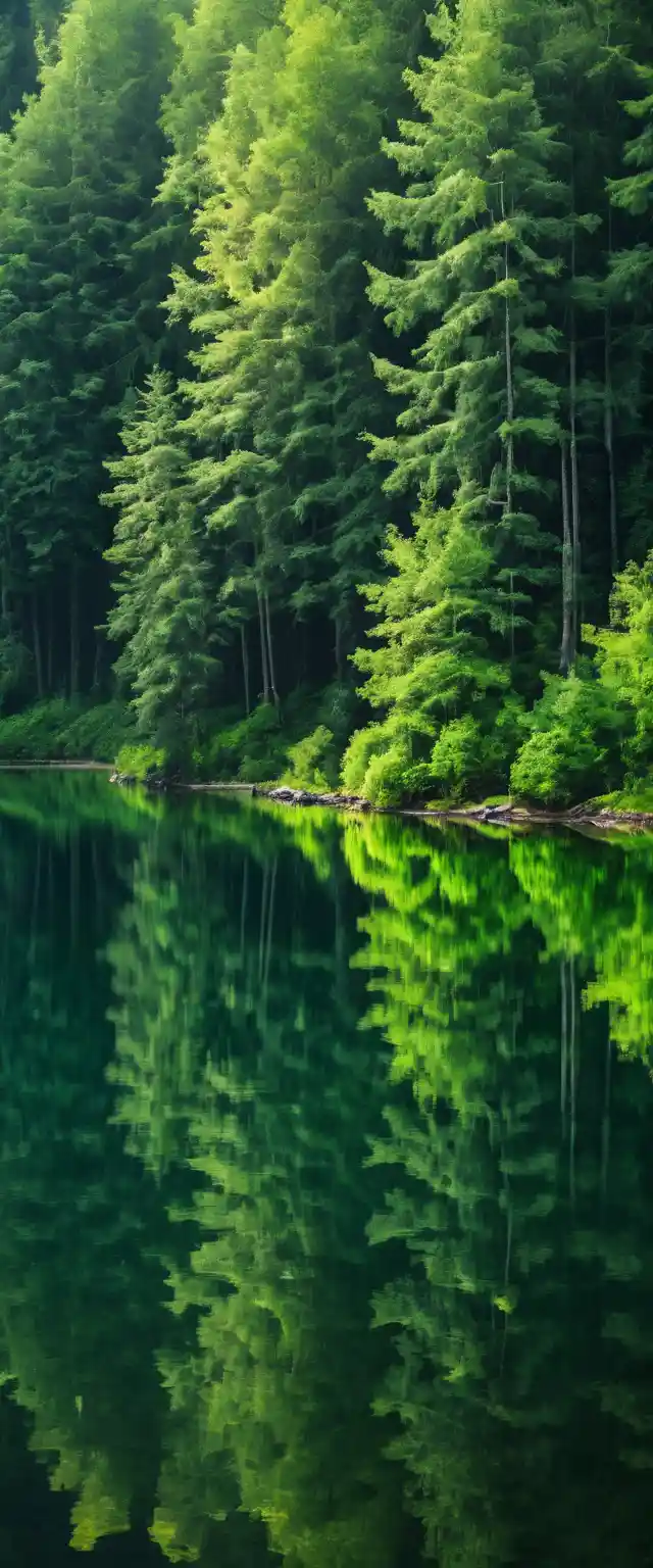 Ruhiger grüner Wald, der sich in einem klaren See spiegelt