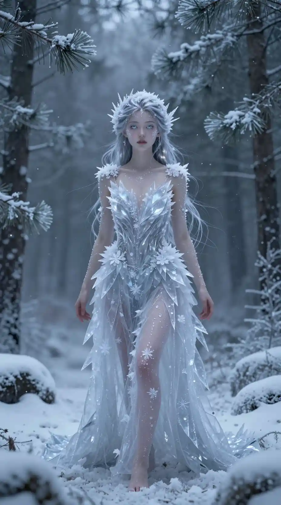 Winter fairy girl in a frosty enchanted forest clearing