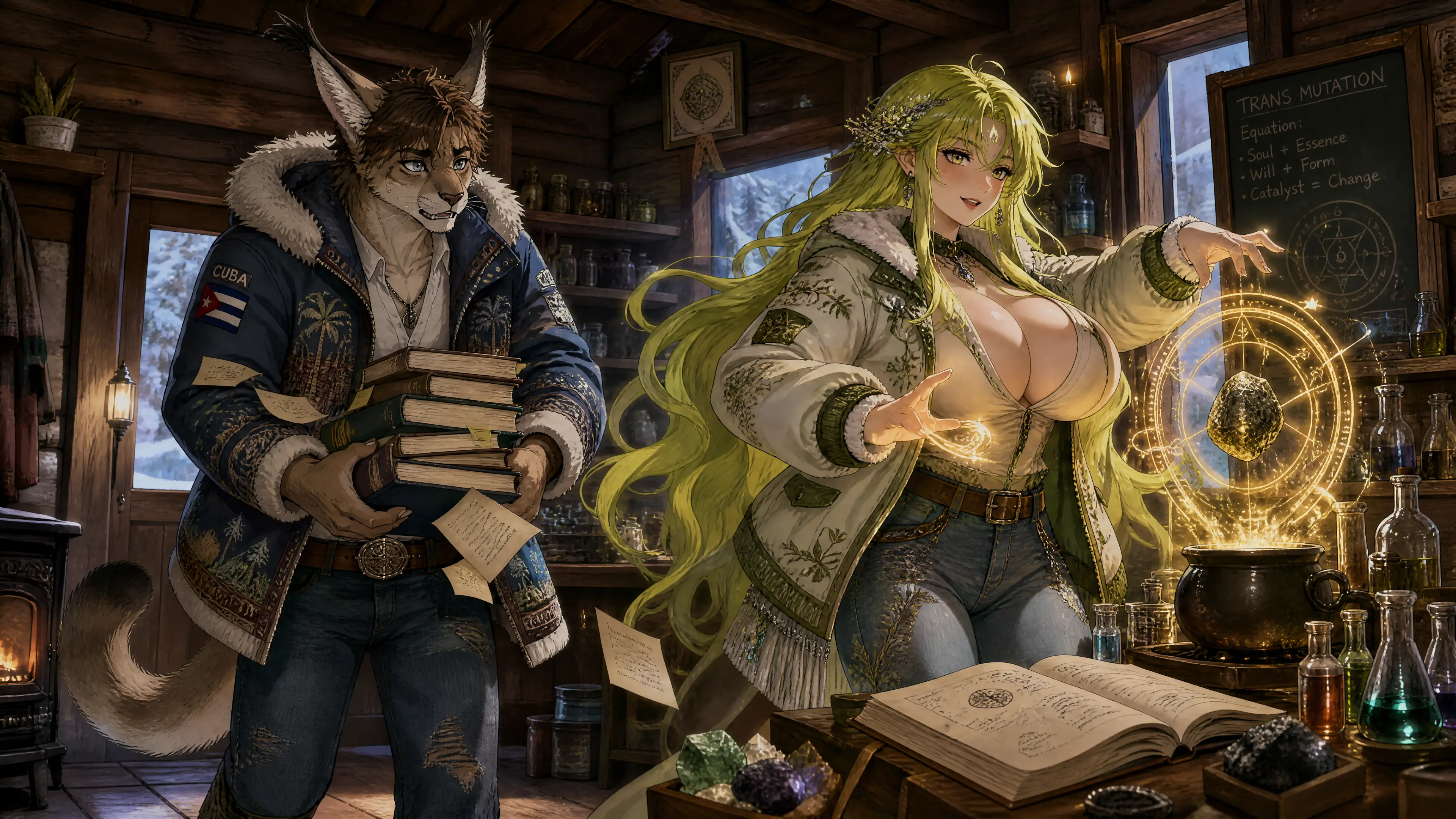 Anthro-Karakal und Nymphe in einer verschneiten Hüttenszene mit Alchemie