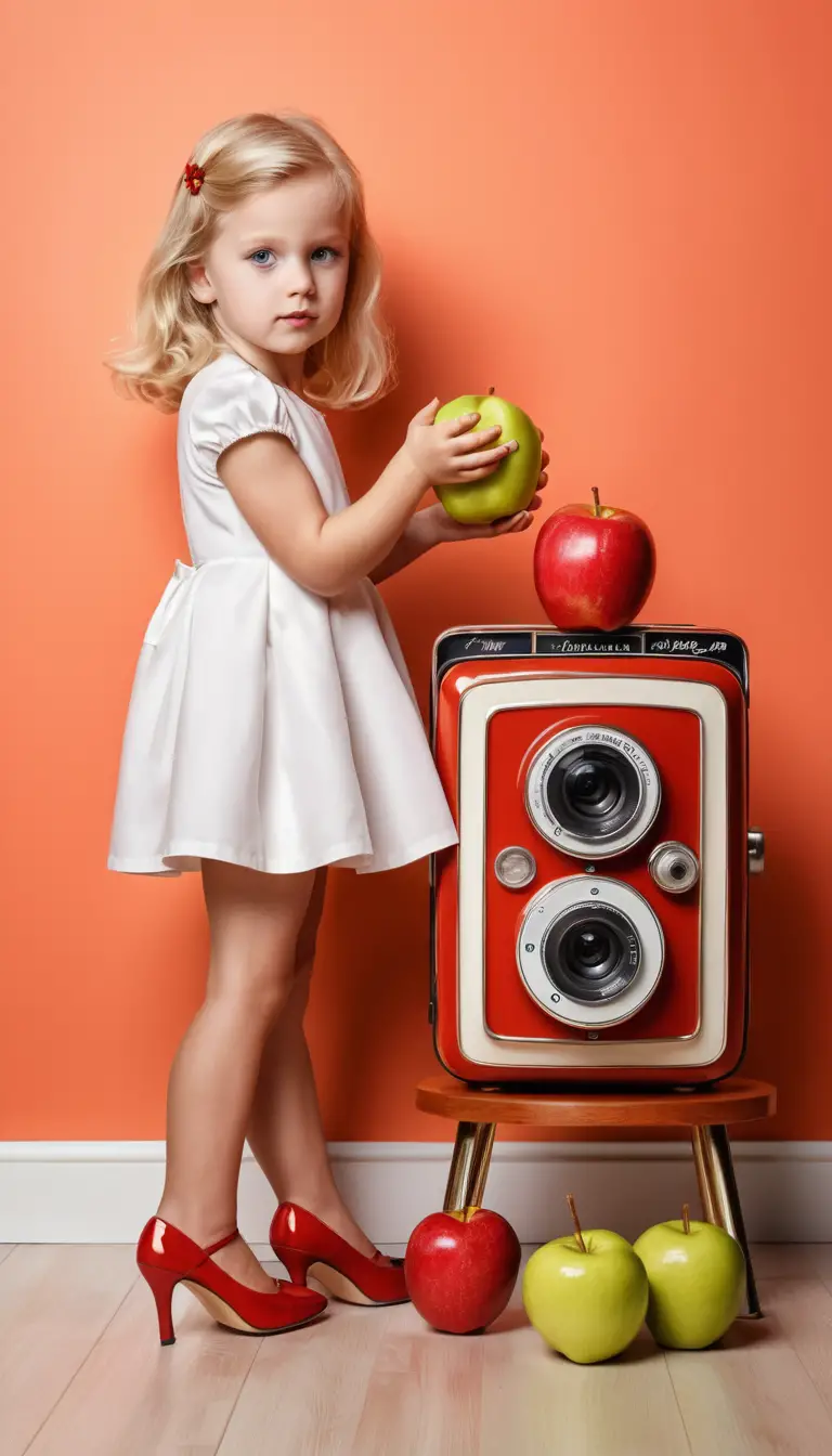 Little girl in red high heels holding apple indoors