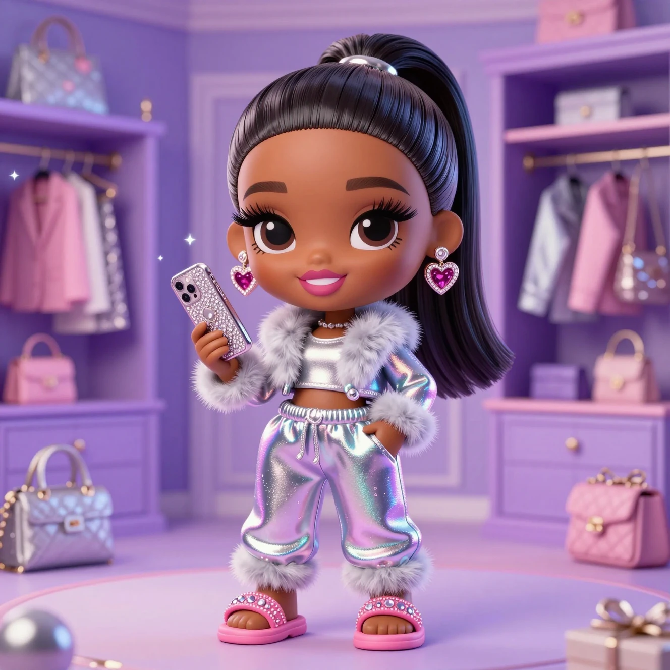 3D chibi Black girl in glamorous luxury closet