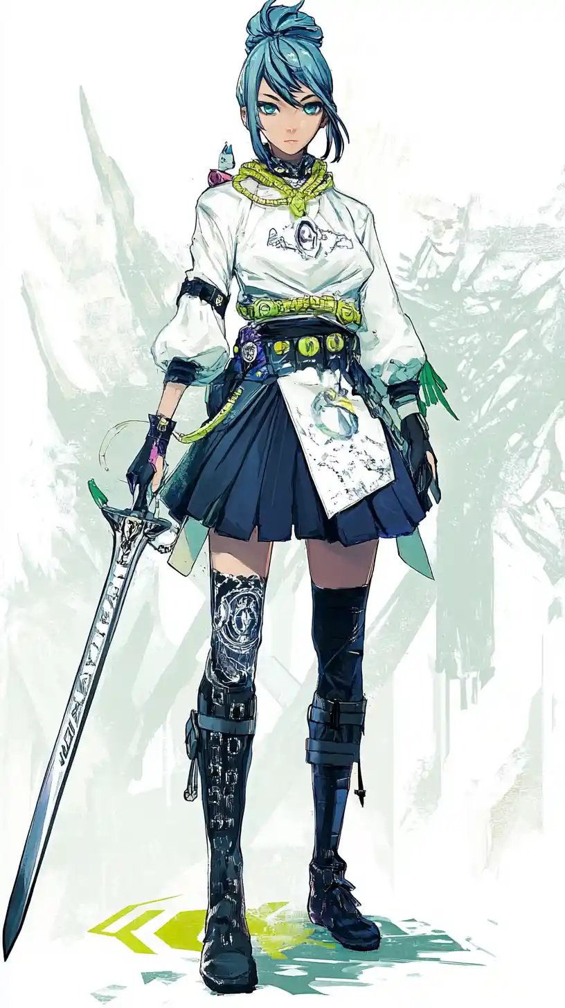 Fille d’anime couverte de cristaux brandissant une épée de cristal sombre