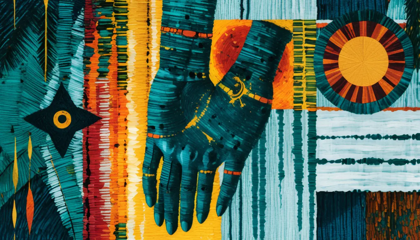 Collage surréaliste d’une main avec des symboles africains sur fond abstrait