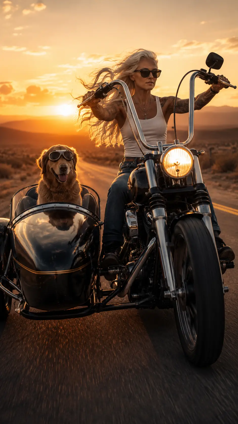 Frau fährt Motorrad mit Hund im Beiwagen bei Sonnenuntergang