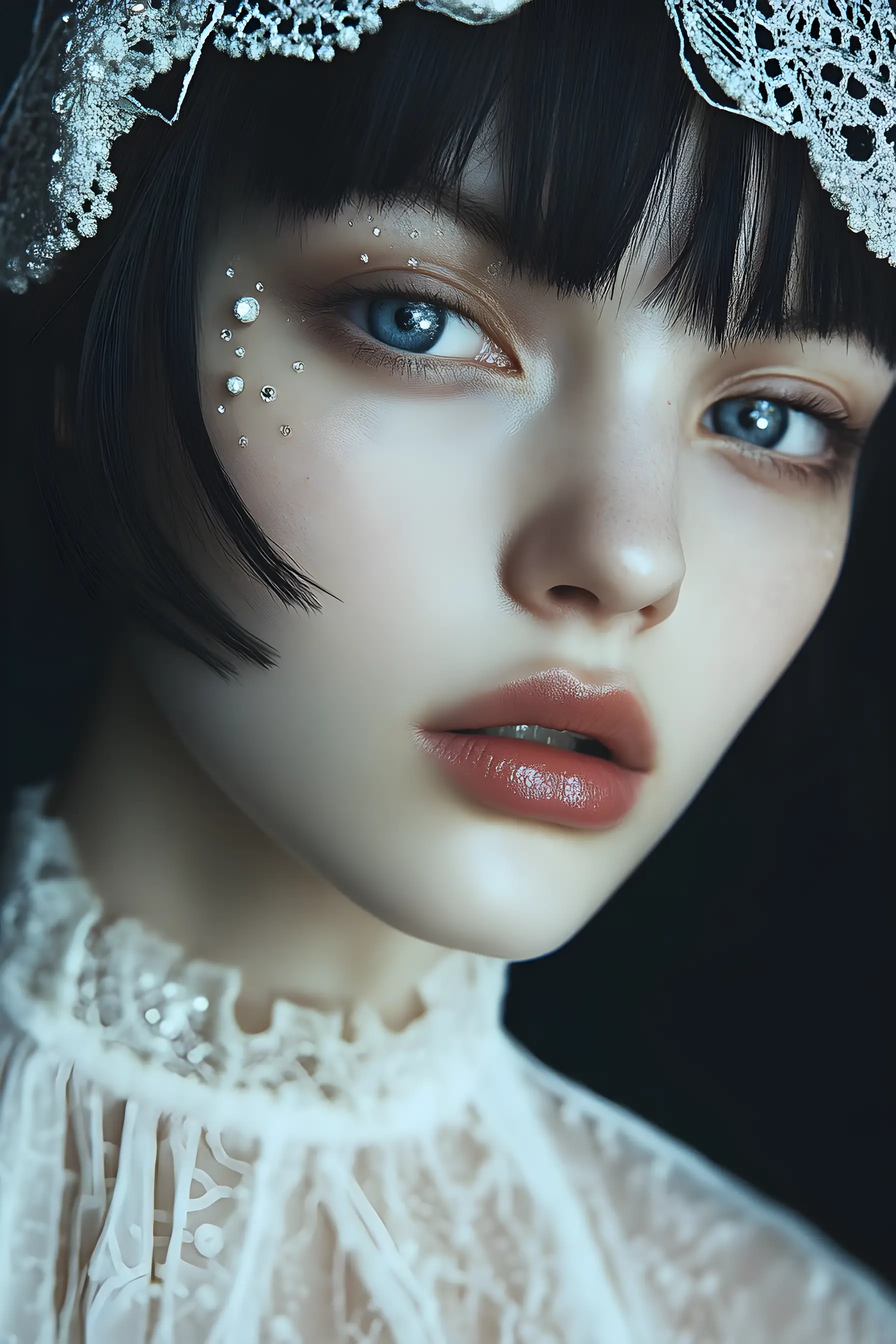 Retrato em close de uma mulher serena com styling de beleza couture