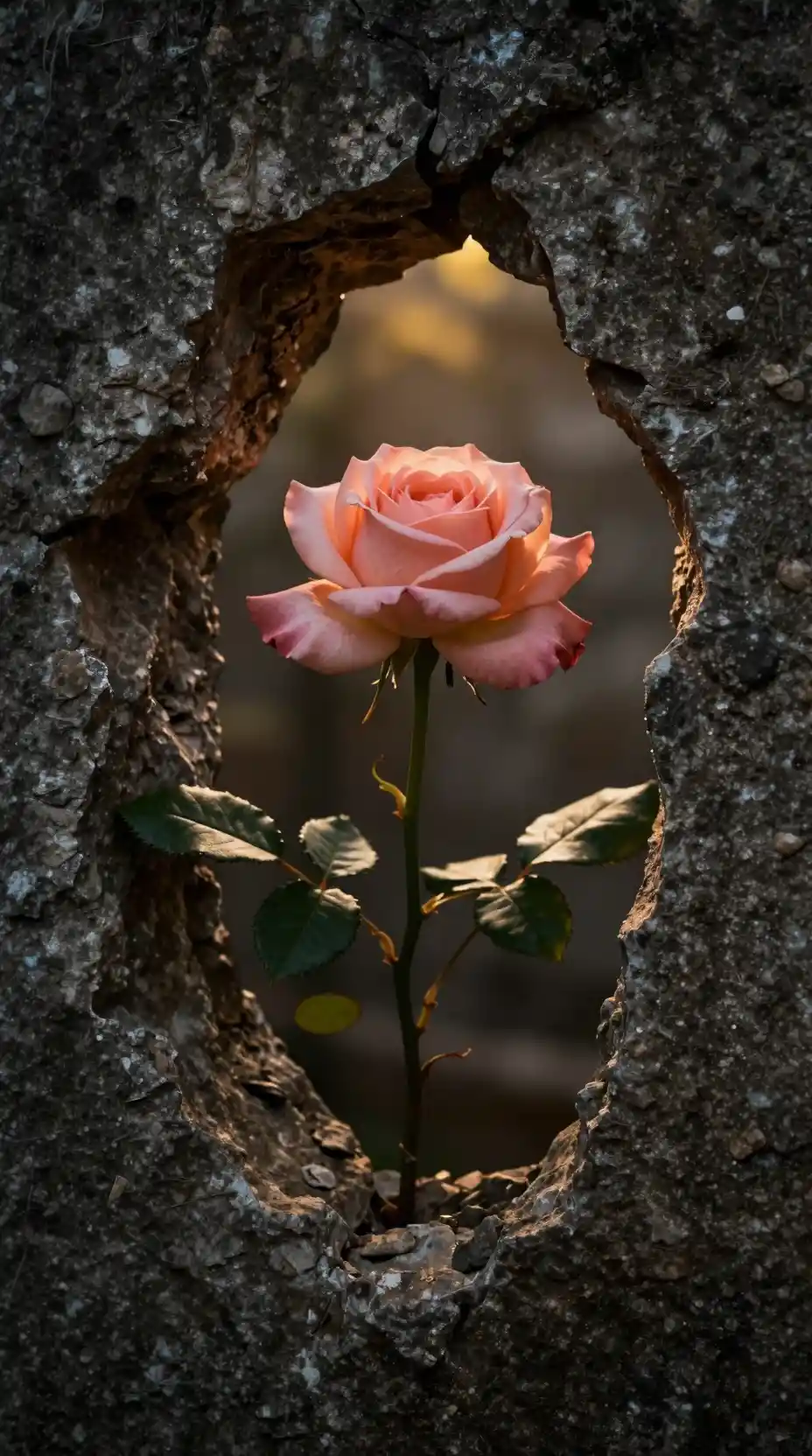 Einzelne pfirsichfarbene Rose, die durch raue Steinmauer blüht
