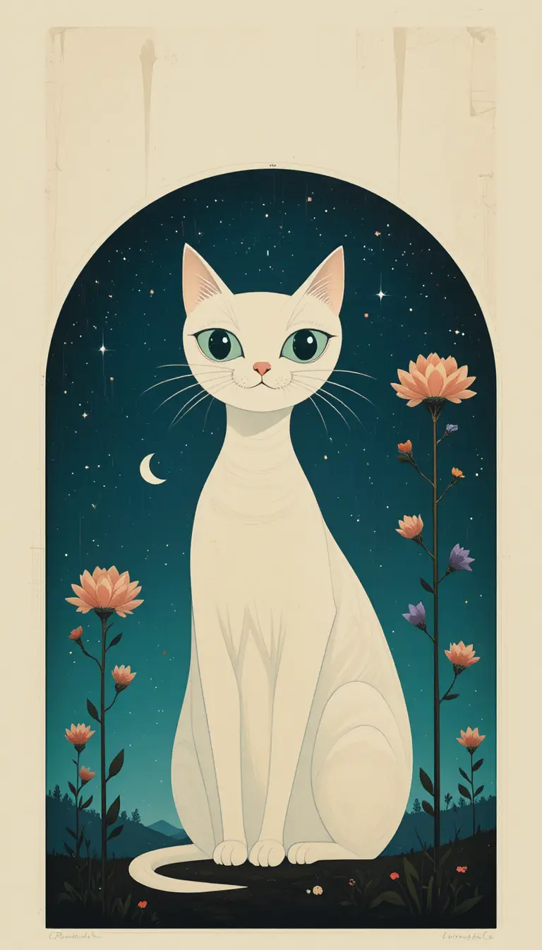 Silueta minimalista de gato en una escena nocturna onírica y surreal