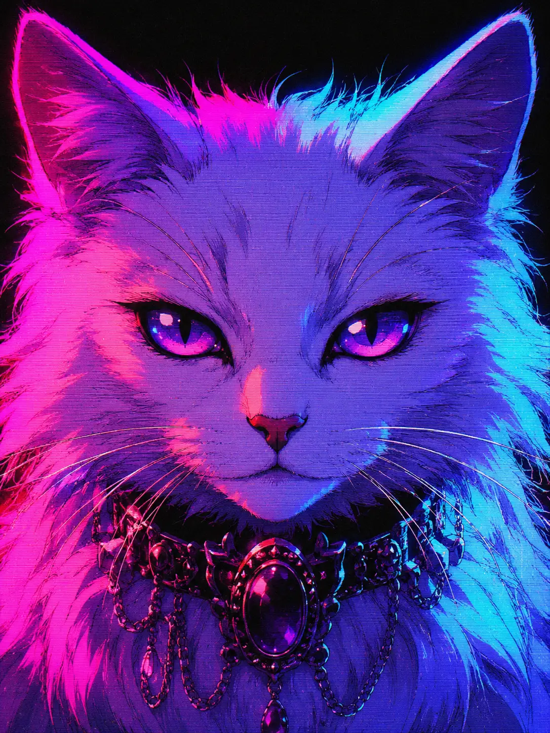 Neon-Anime-Porträt einer weißen Goth-Katze in Nahaufnahme