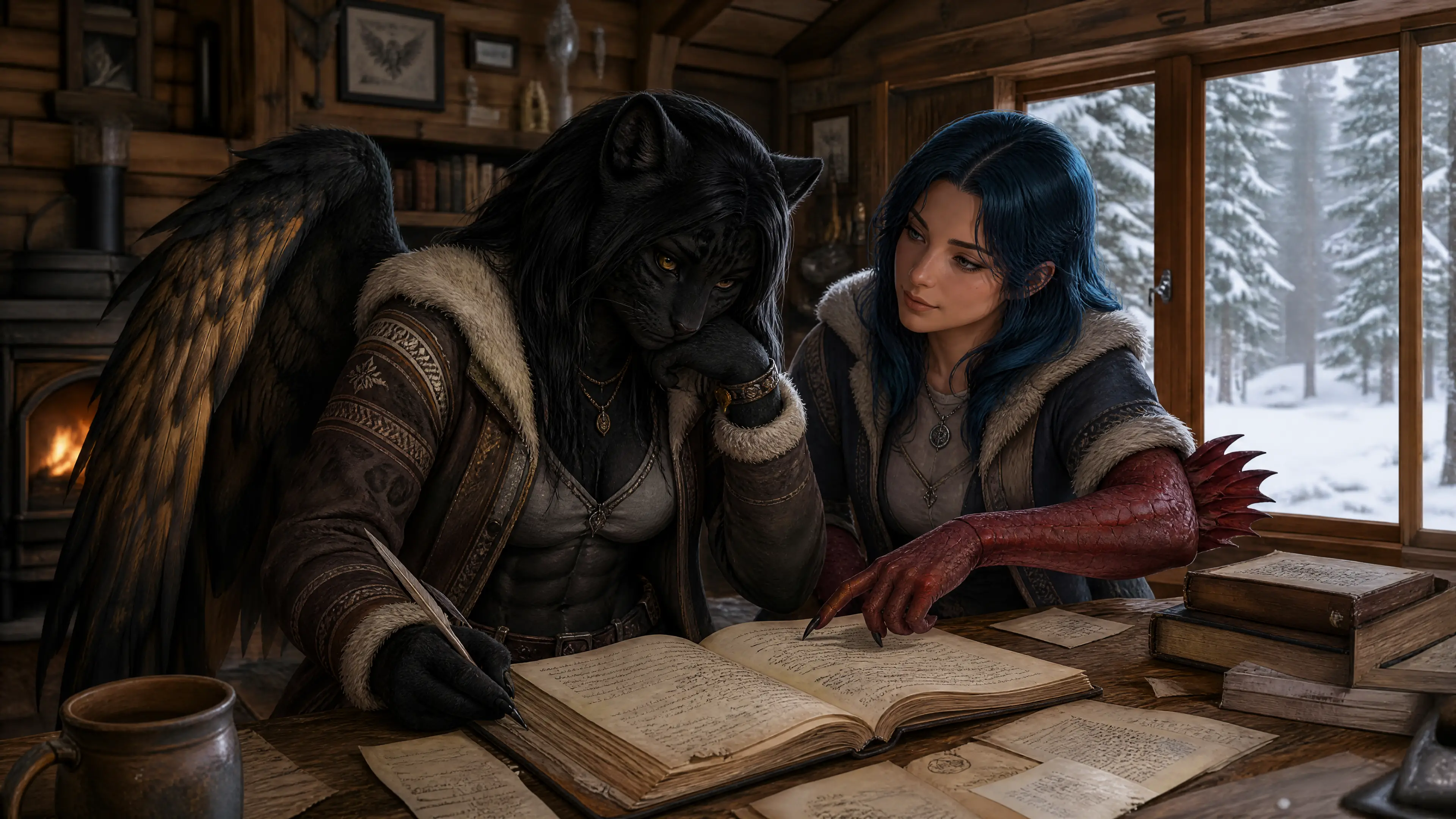 Fantasy-Paar lernt gemeinsam in einer Winterhütte
