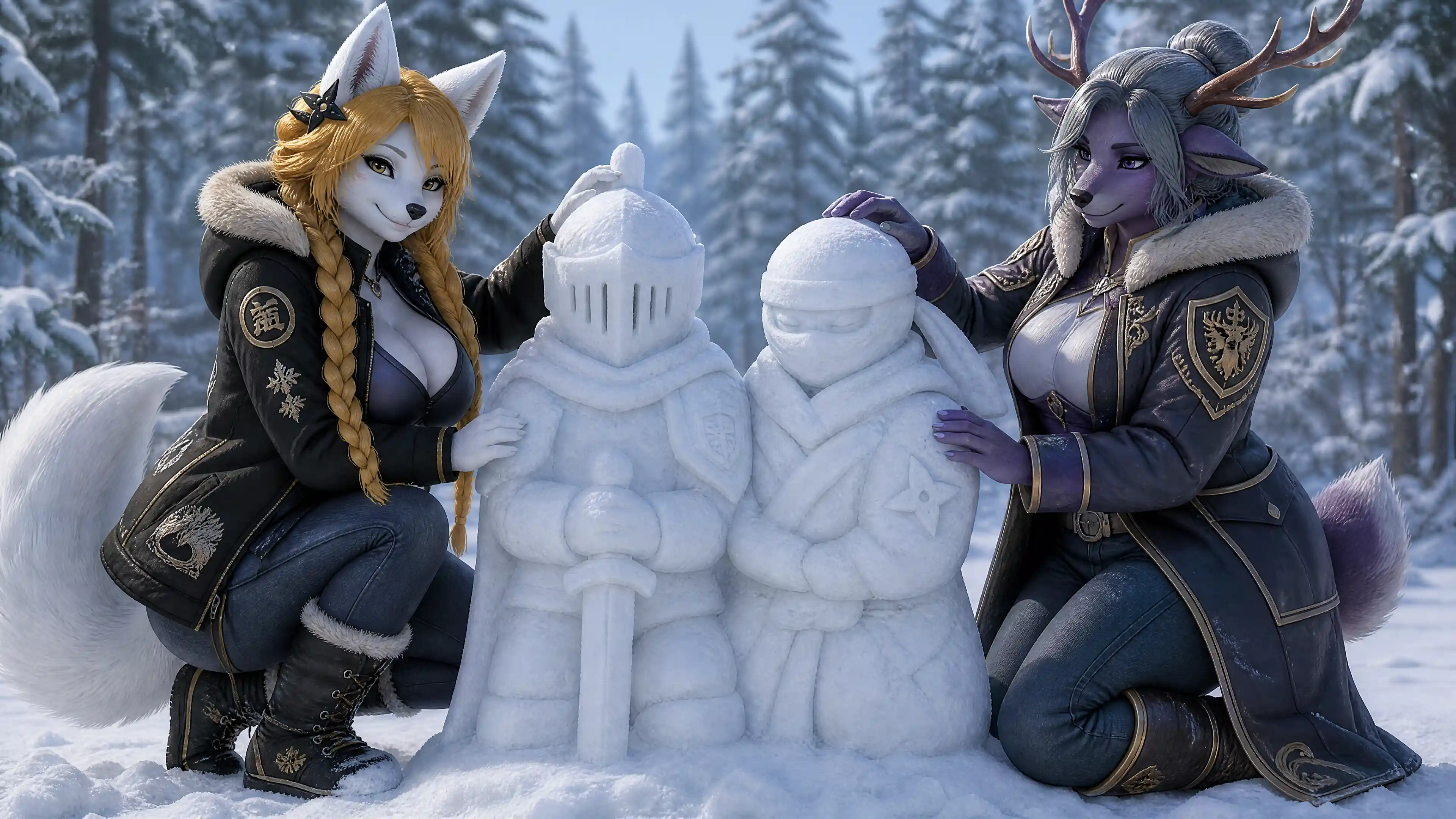 Anthro couple building snow statues in winter forest