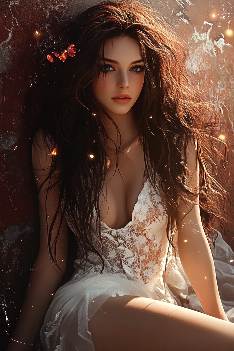 Ethereal fantasy woman seated in a crimson jeweled dress