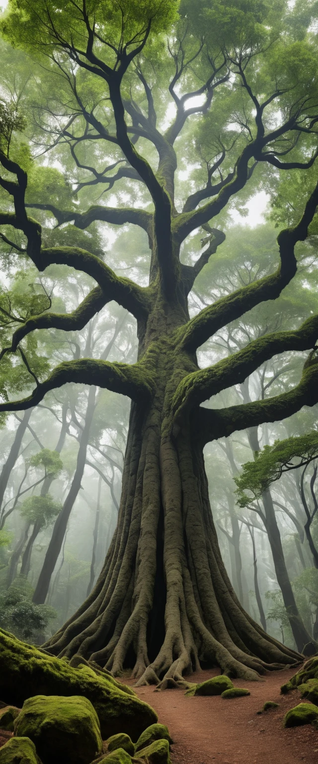 寧靜空氣中枝葉蔓延的巨大山林樹木