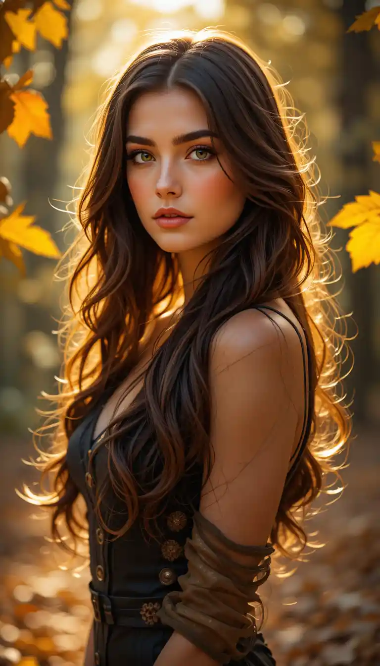 Elegant brunette woman in a sunlit autumn forest portrait