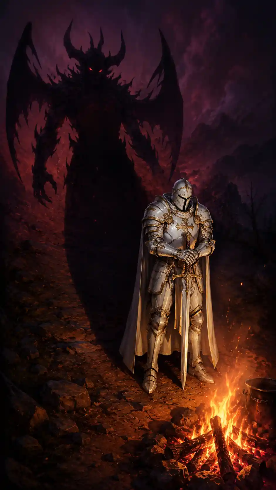 Paladín junto a la fogata con una sombra demoníaca detrás de él