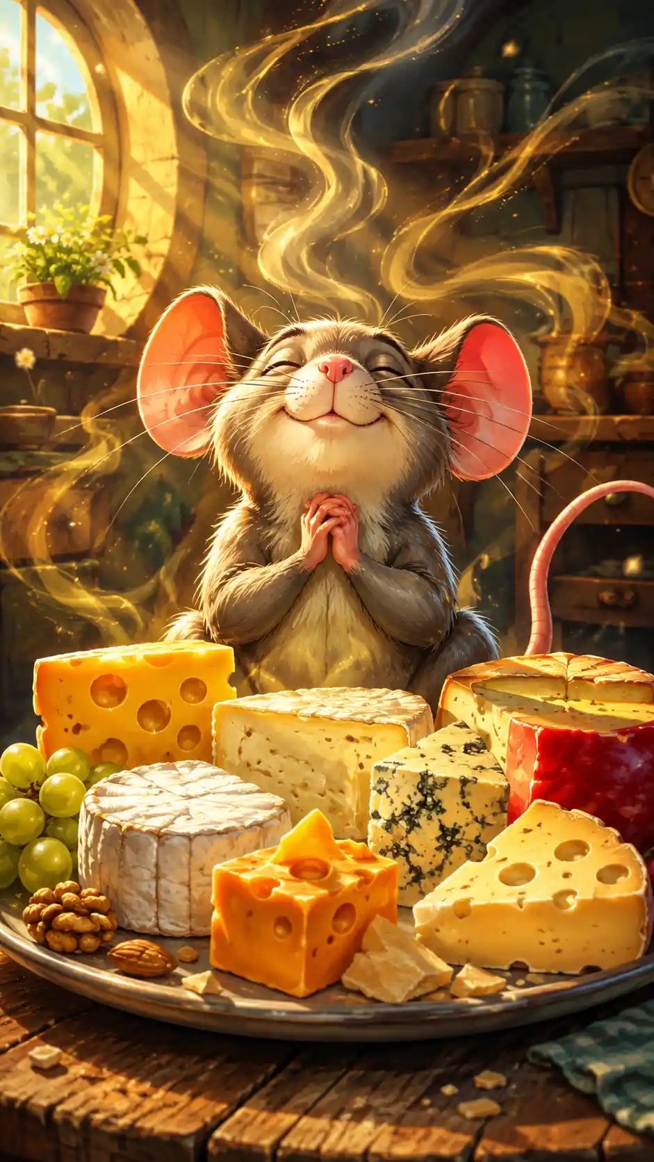 Cheerful Mouse Enjoying Aromatic Cheese In Sunshine