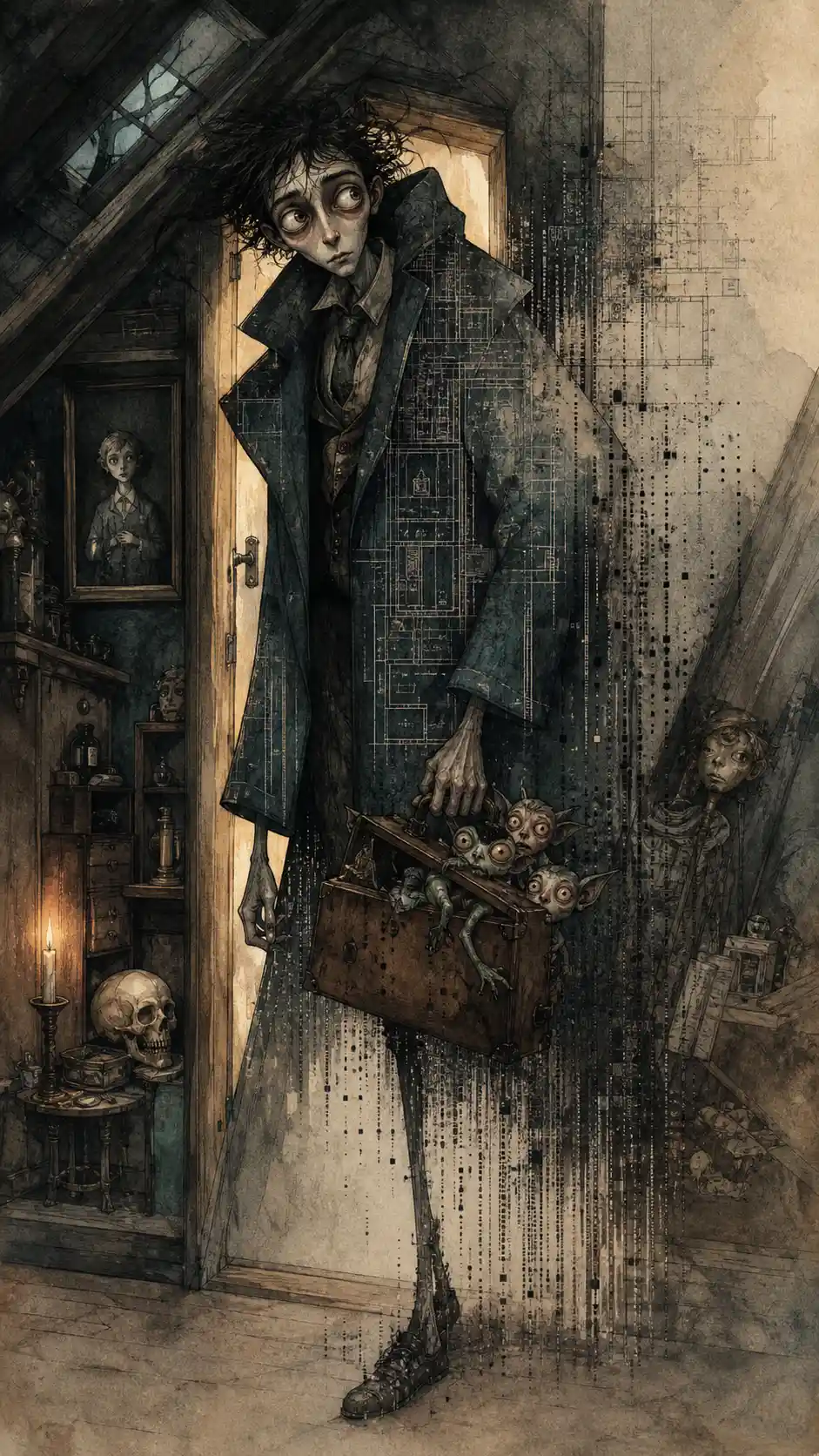 Gothic man emerging from tiny attic doorway with suitcase