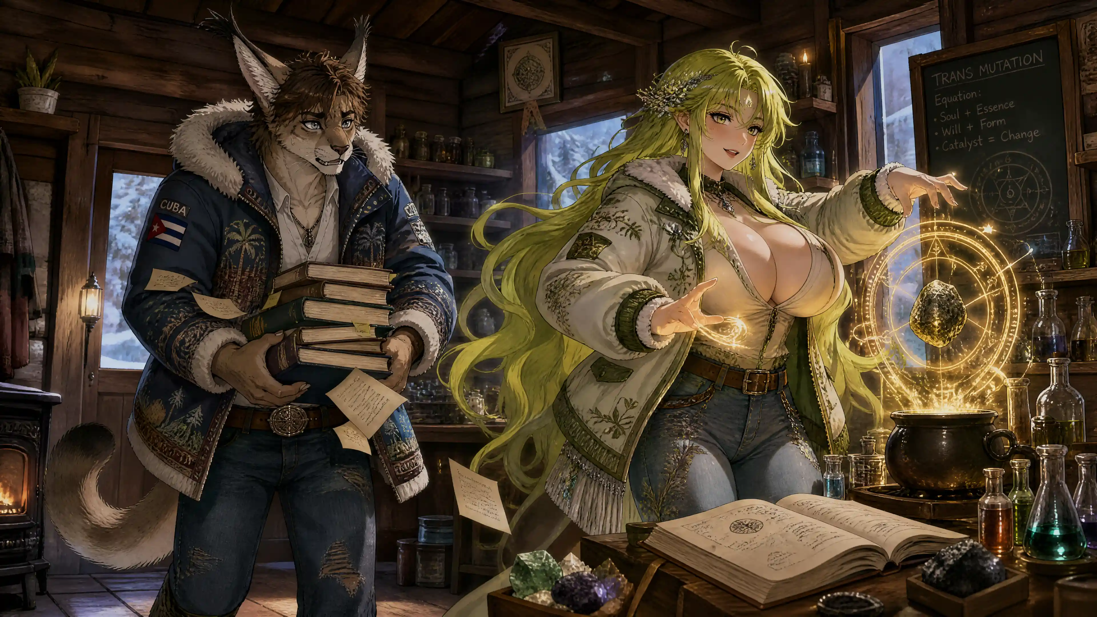 Anthro-Karakal und Nymphe in einer verschneiten Hüttenszene mit Alchemie