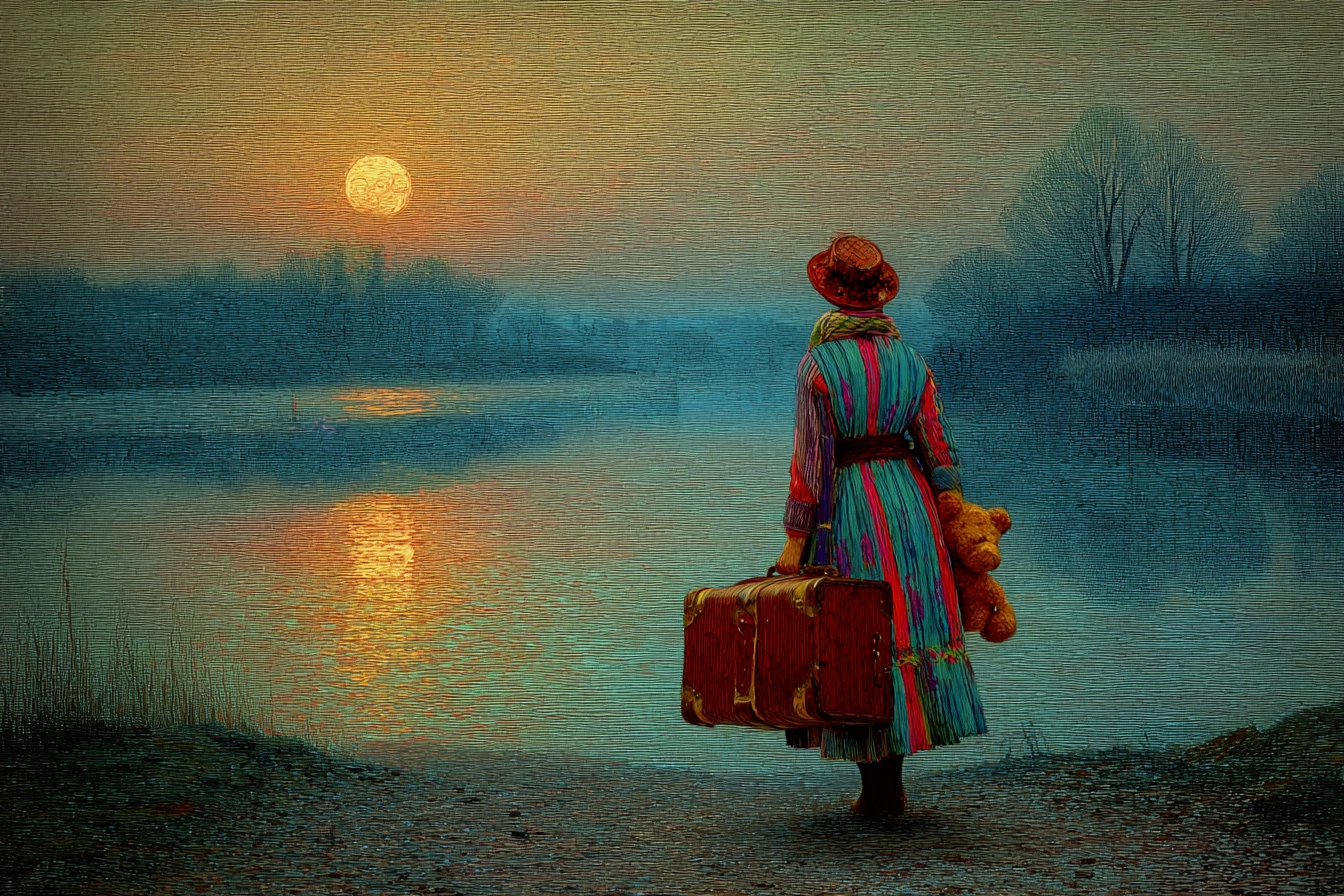Woman walking to a moonlit pond with suitcase and bear