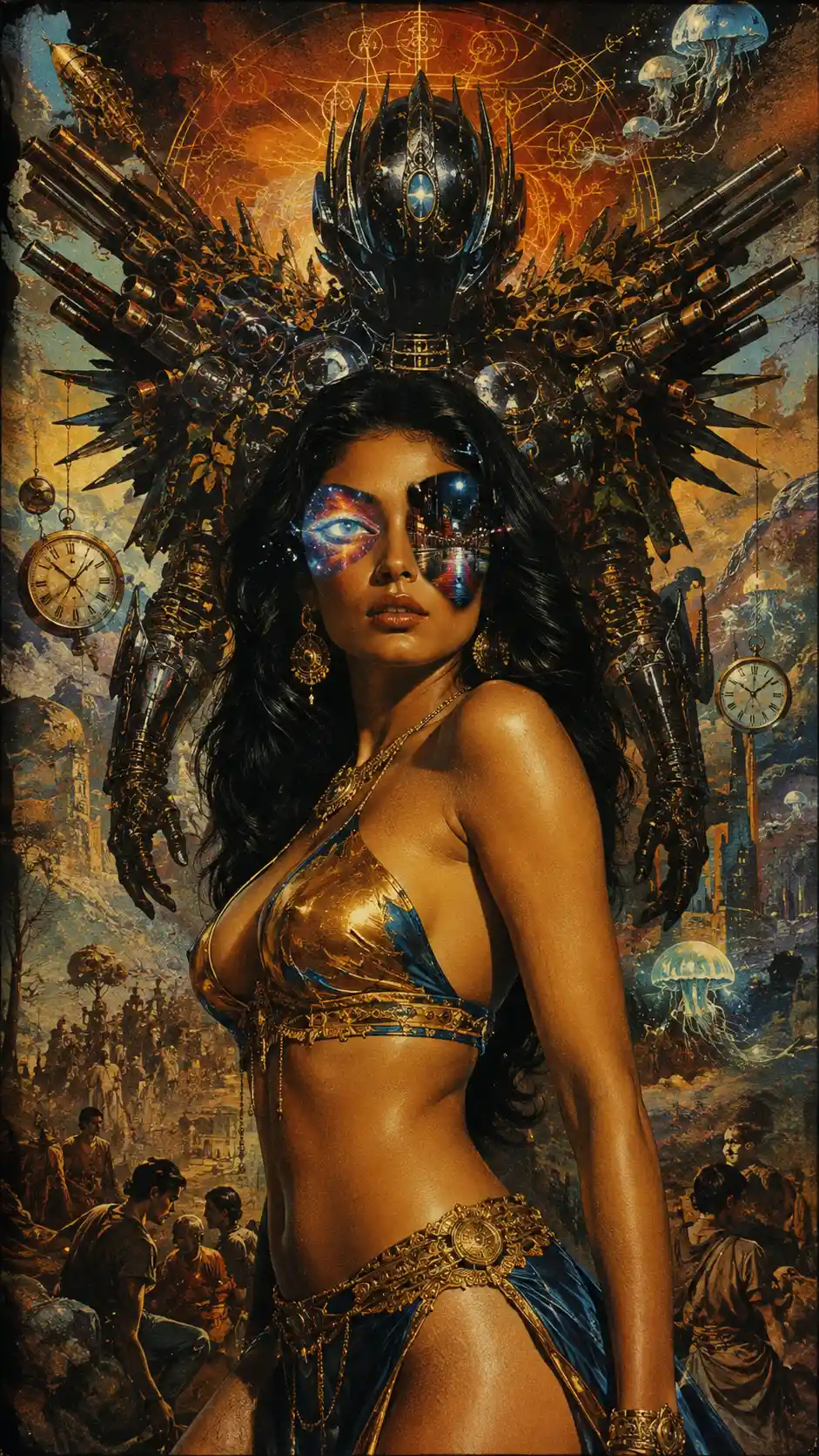 Surreal Indian Woman In Gold Two Piece With Cosmic Eyes