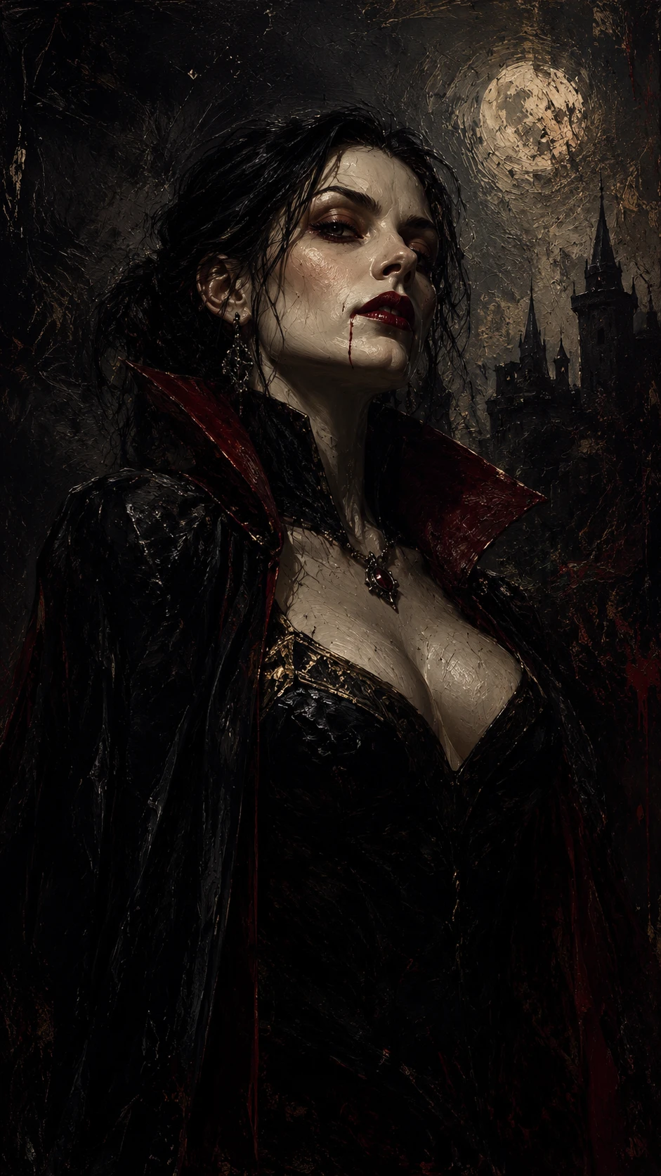 Ominous female figure emerging from dense shadowed paint
