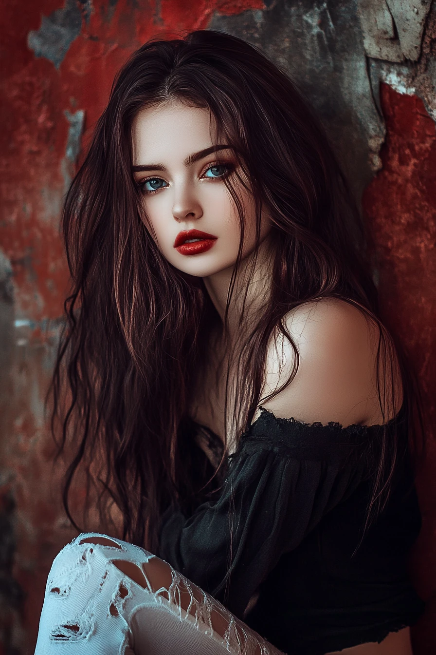 深紅禮服與花冠的飄渺奇幻女子