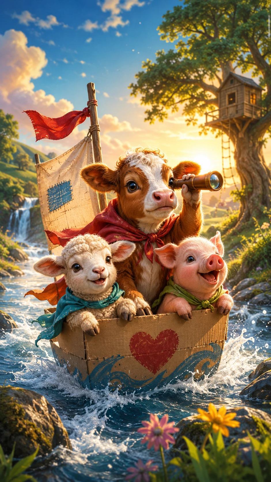 Calf lamb and piglet sharing a joyful sunny adventure