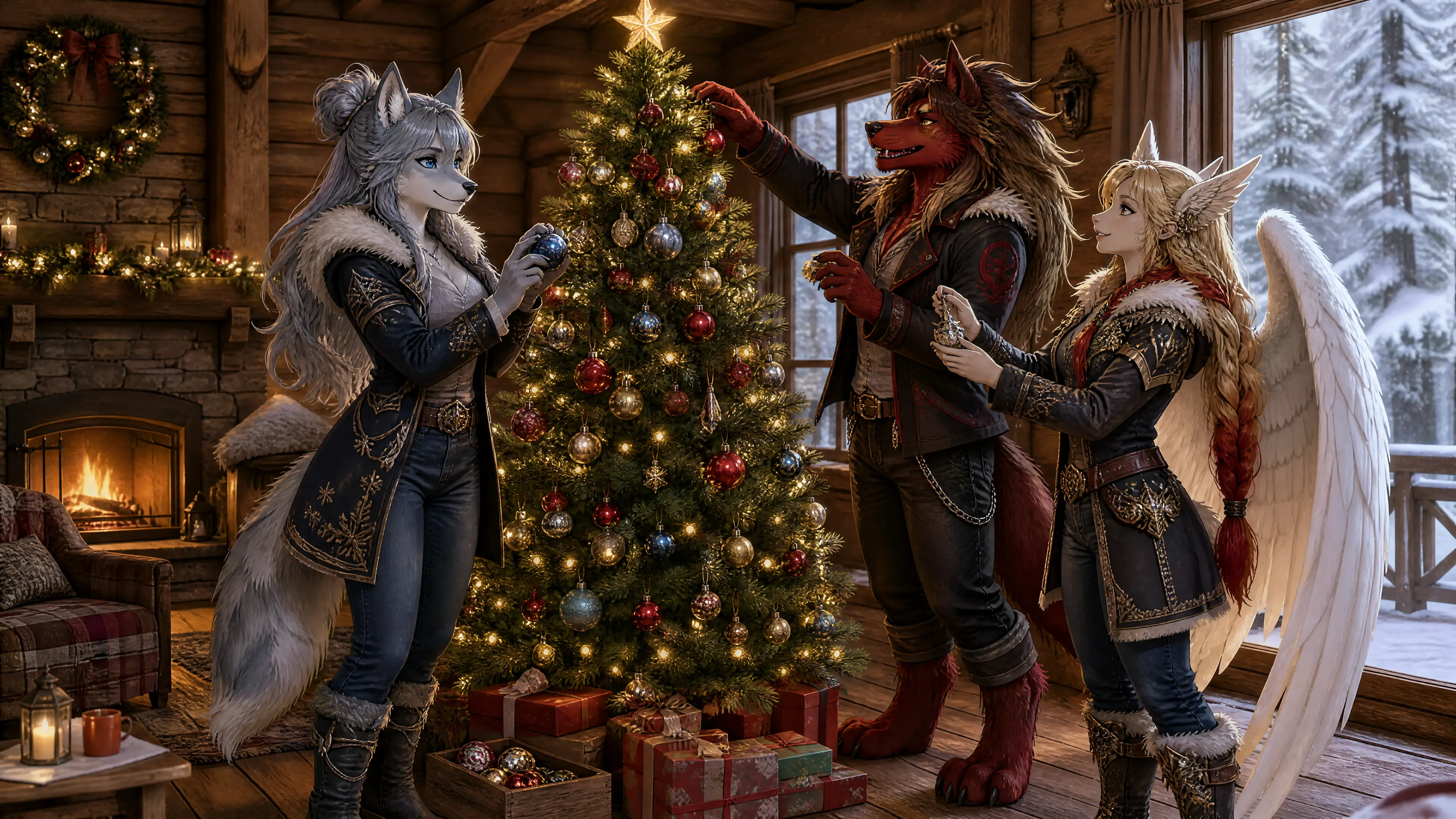 Anthro-Freunde schmücken einen Weihnachtsbaum in einer Hütte