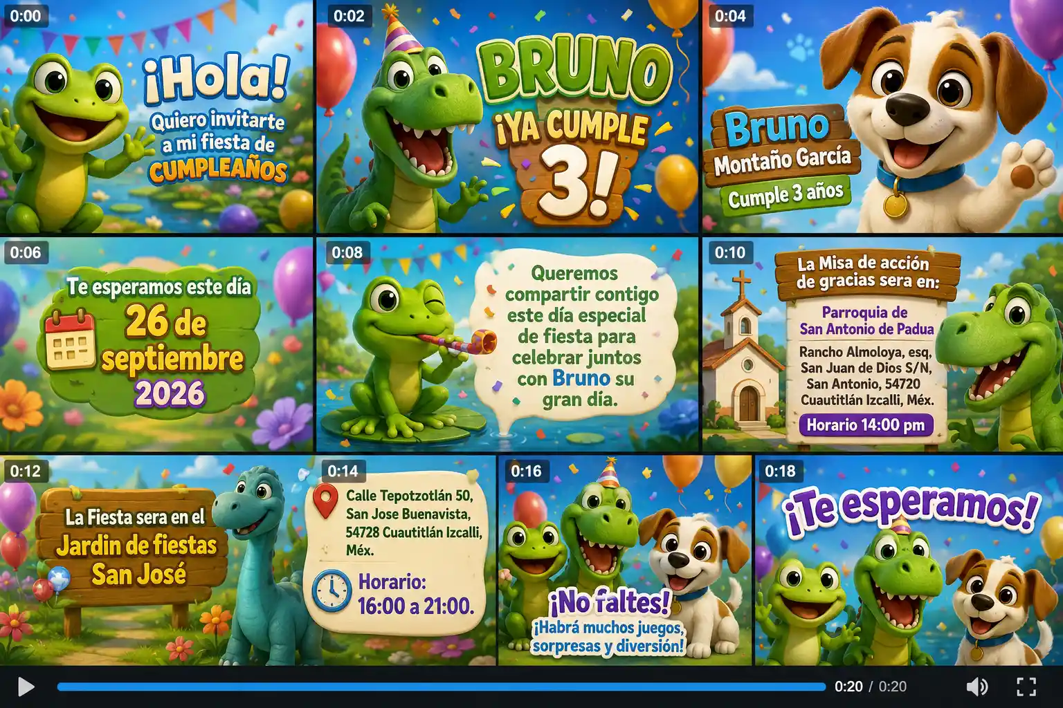 Colorful kids birthday invitation with frog and dinosaurs