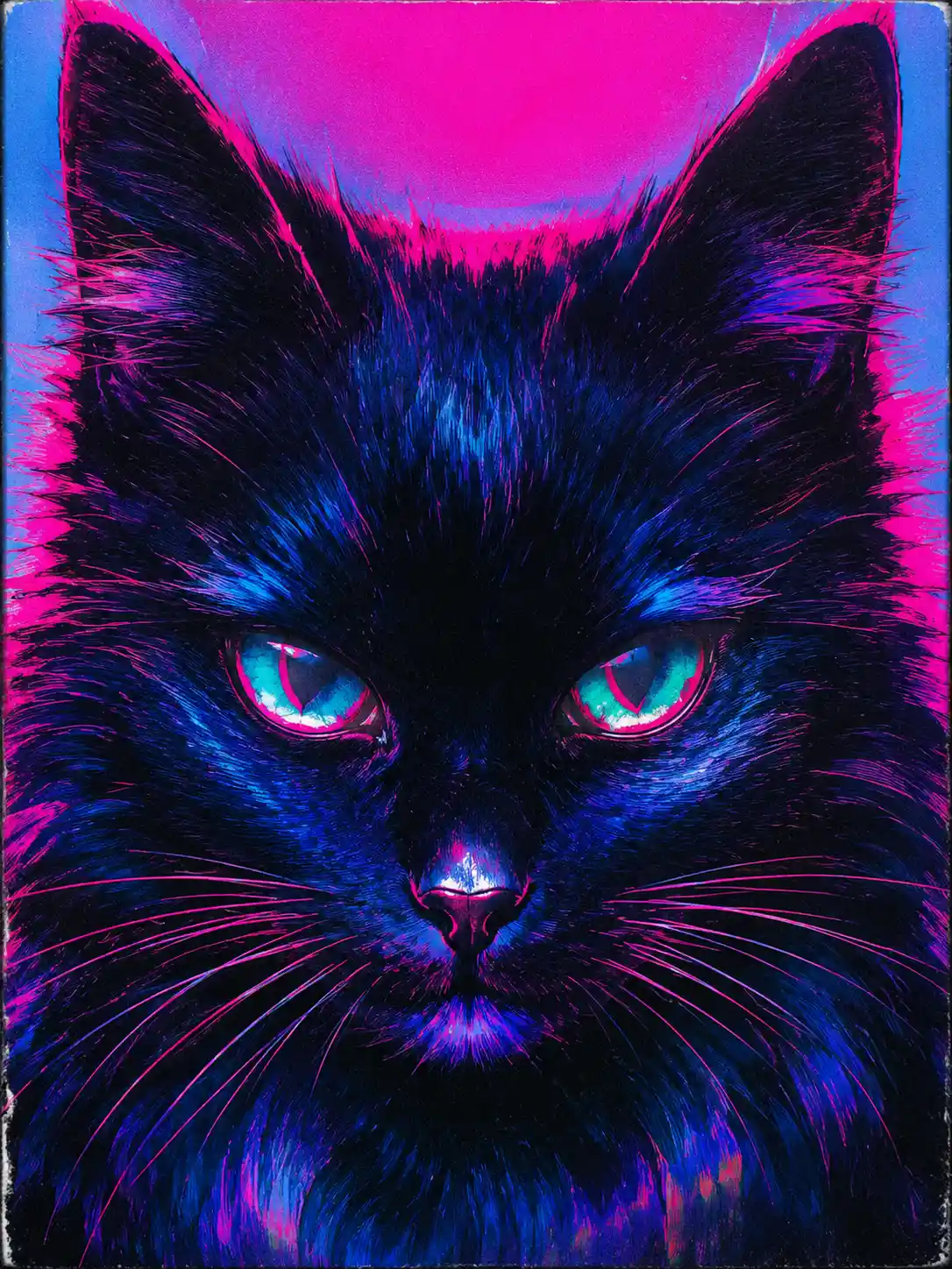 Nahaufnahme eines gothischen Anime-Katzengesichts mit Neon-Metallic-Farben