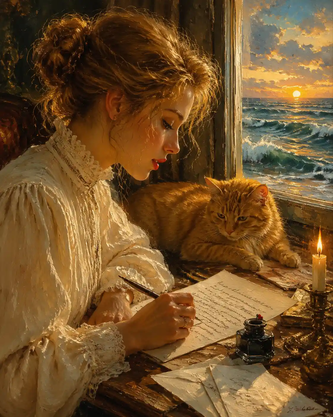 Vintage woman writing a letter by the sea window