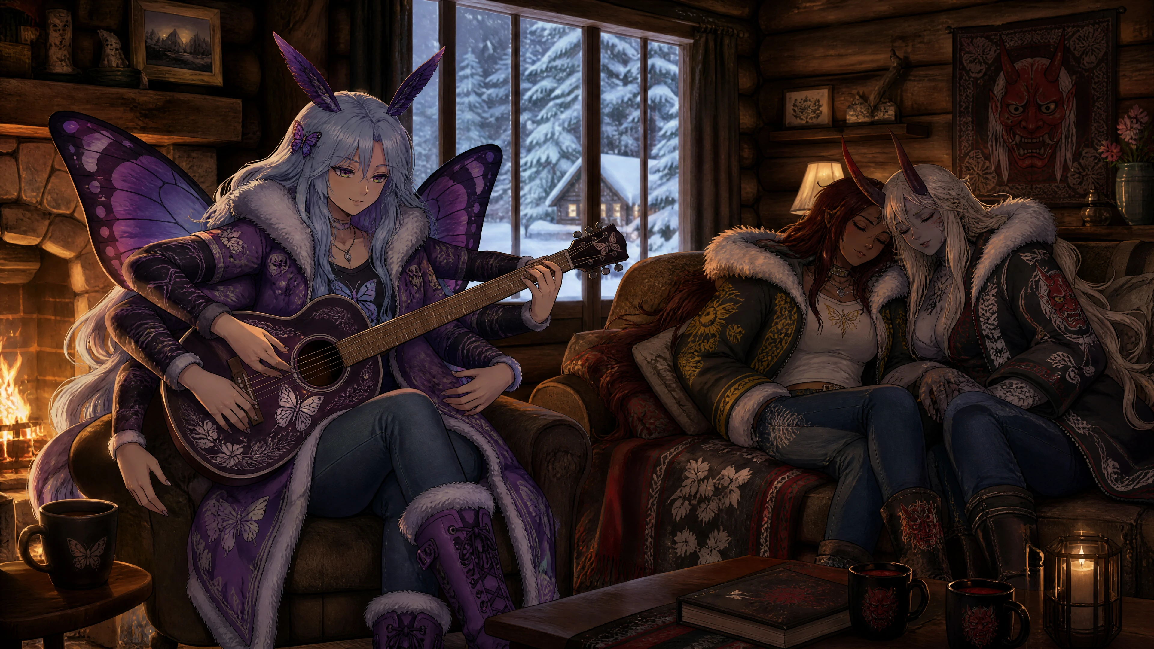 Geflügelte Fantasy-Frau spielt Gitarre am Kamin einer Hütte