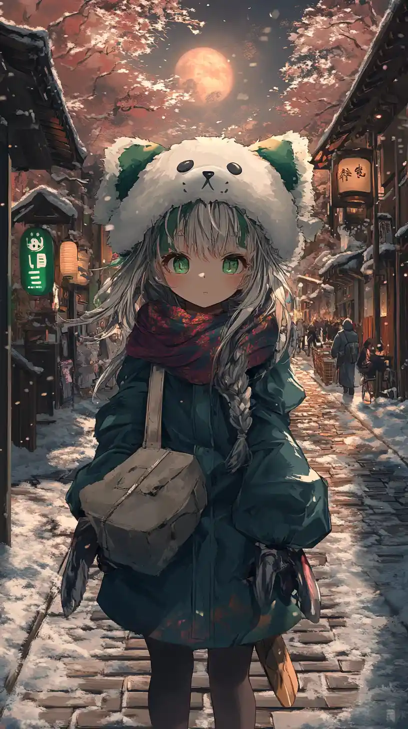 Silver haired anime girl in winter clothes with flowing red scarf