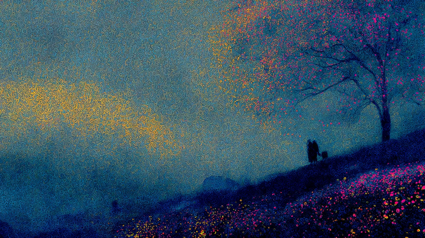 Paysage de cœur surréaliste en tapisserie de laine, riche indigo et or