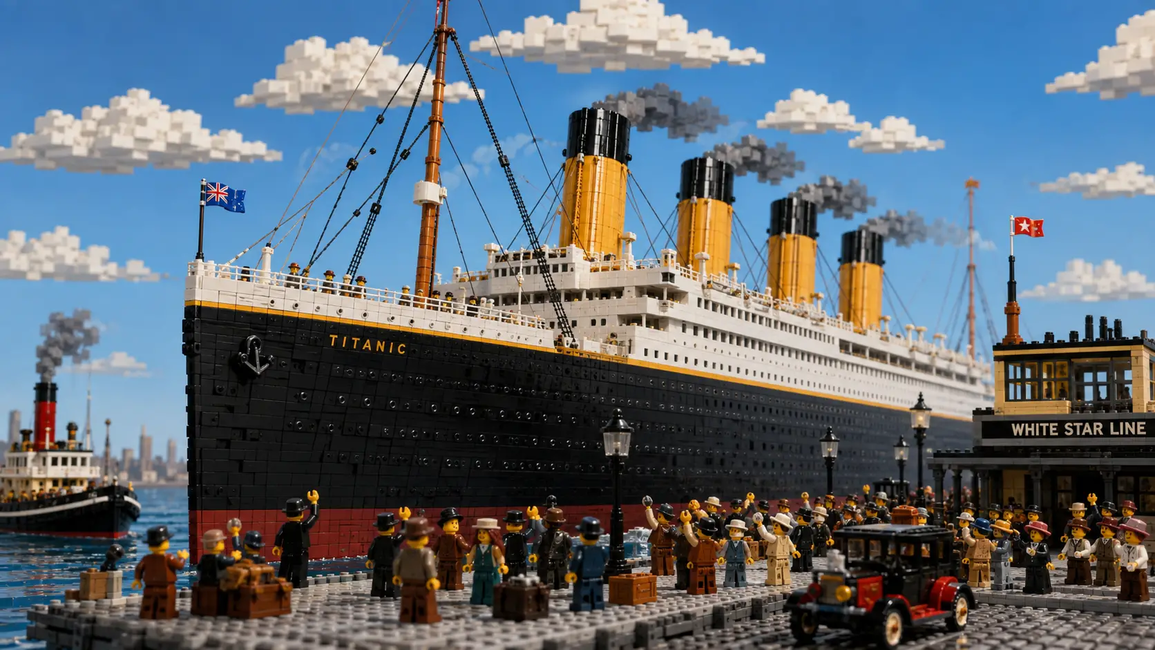 Partenza del transatlantico Titanic costruito con mattoncini di plastica