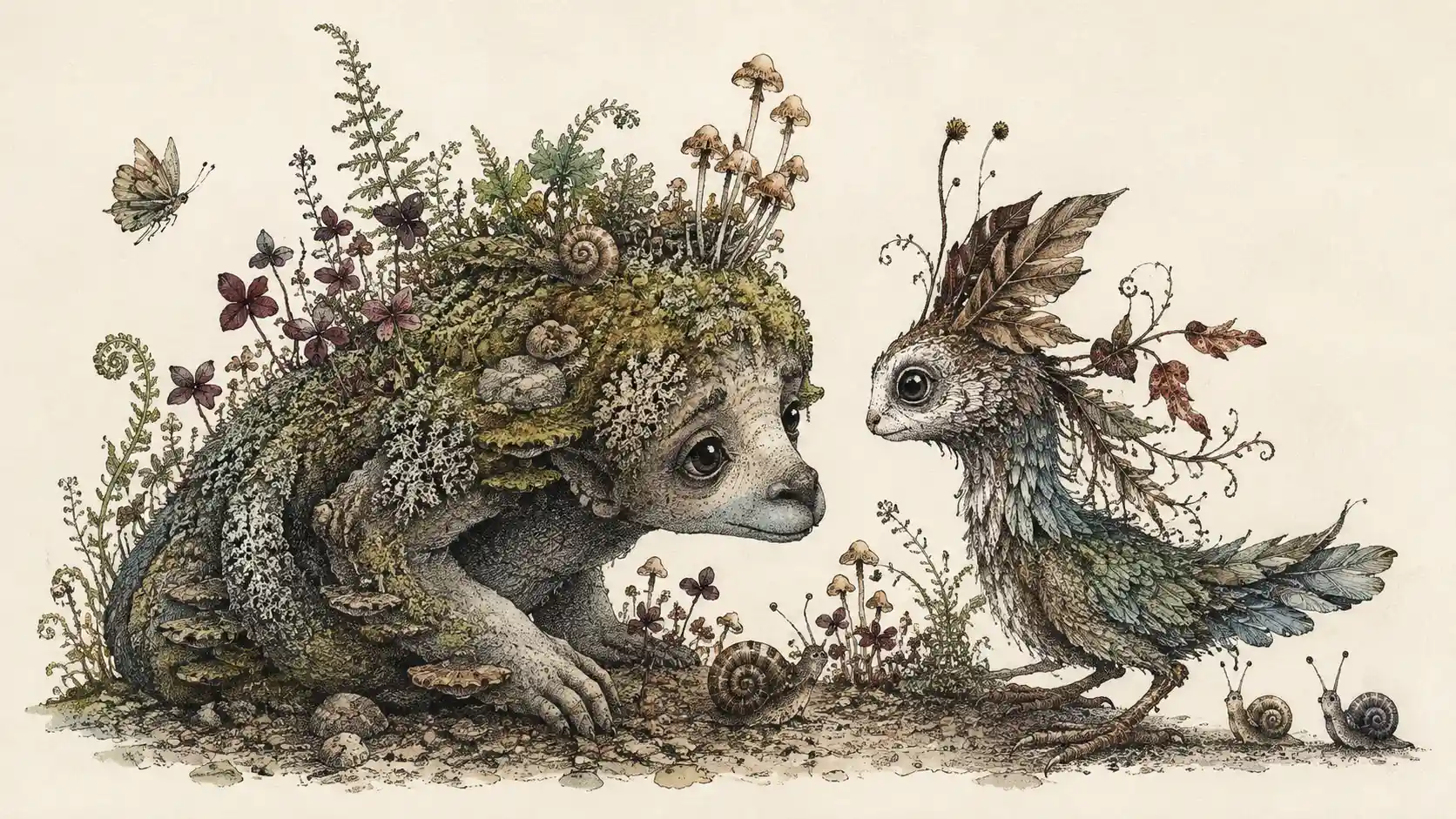 Créature Fantastique du Folklore en Illustration Botanique à l’Encre
