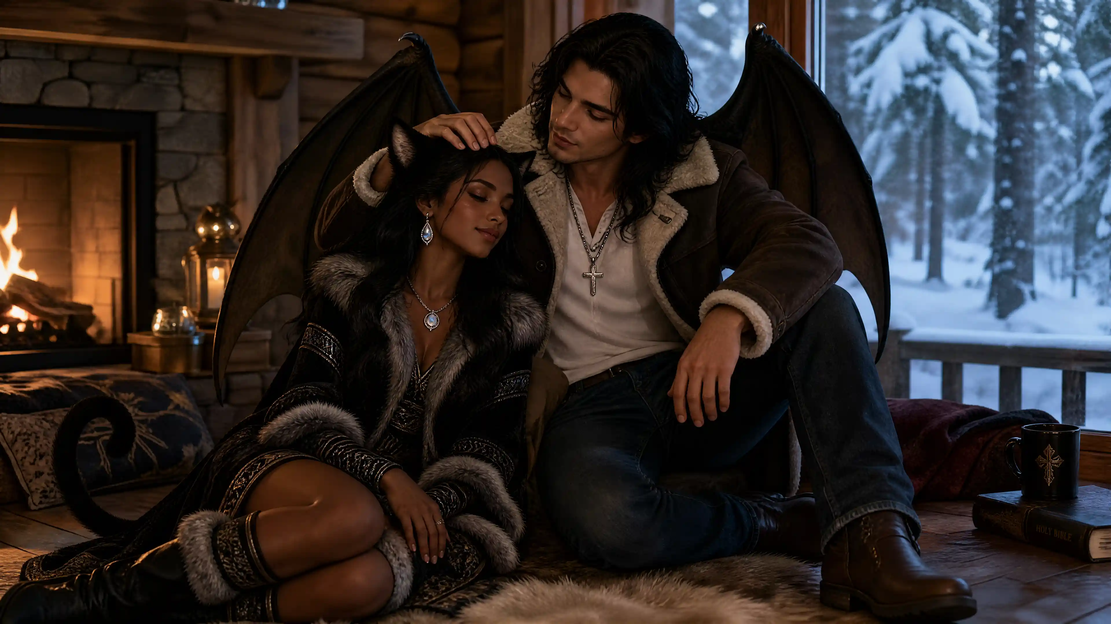 Fantasy couple in a cozy winter cabin moment