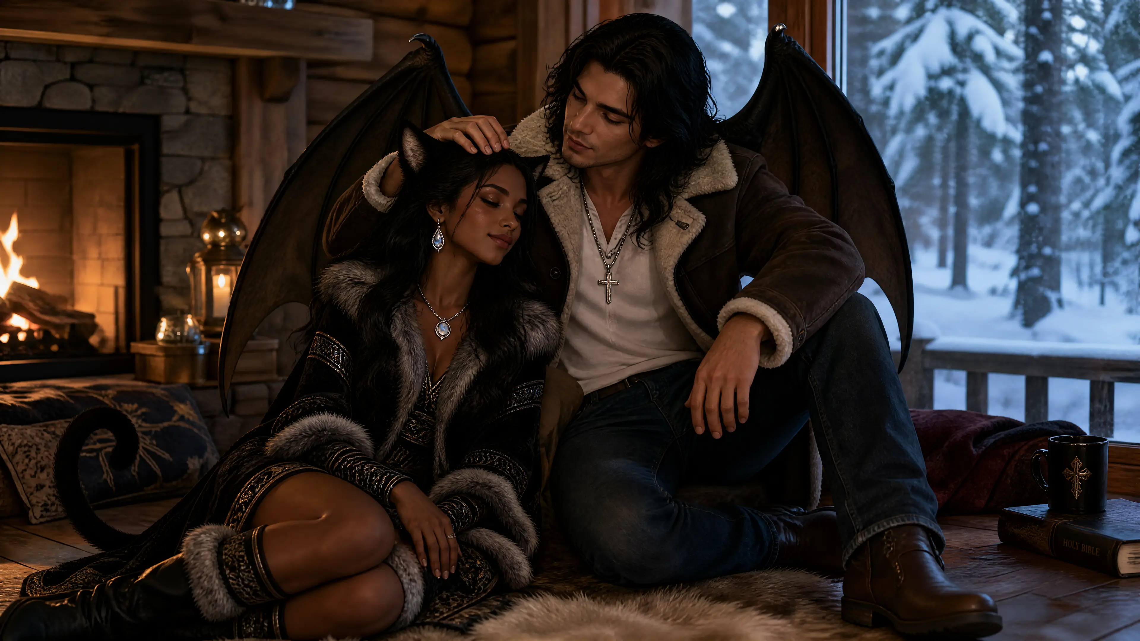 Fantasy couple in a cozy winter cabin moment