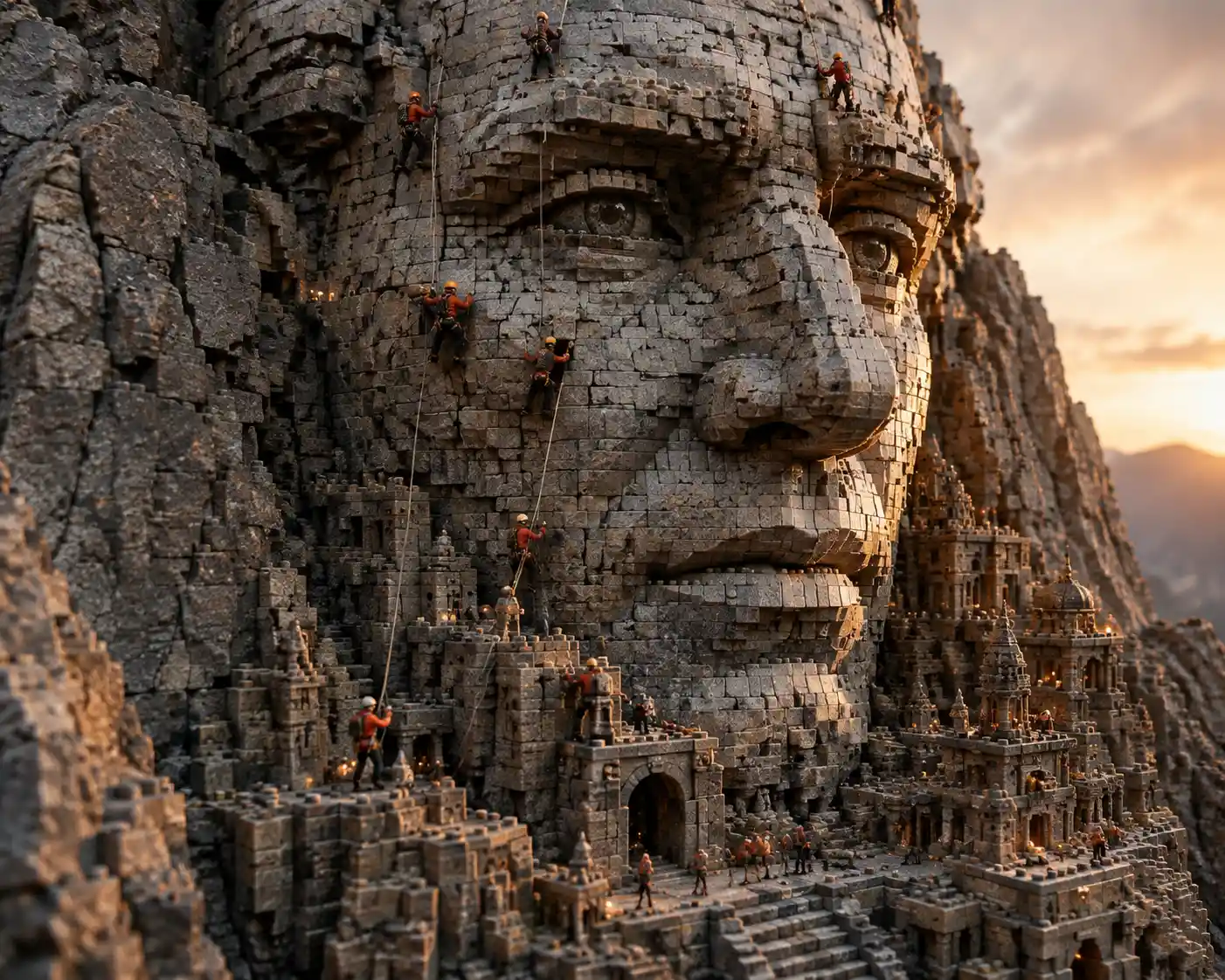 Tiny climbers scaling a colossal stone face sculpture