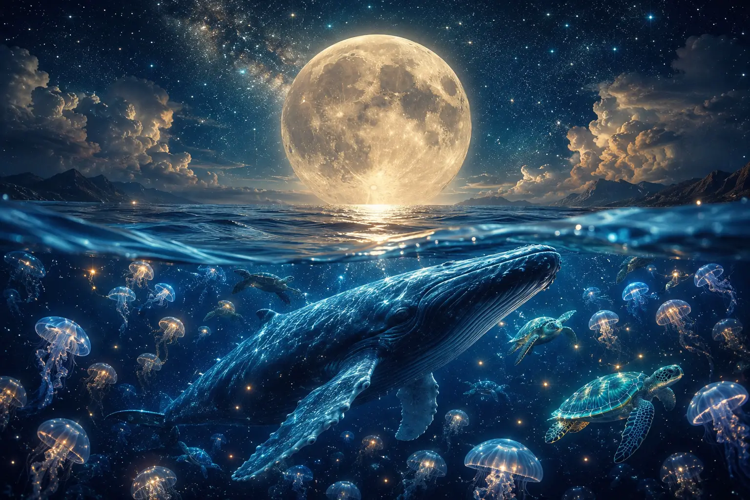 Träumerischer Supermond verschmilzt mit friedlicher Unterwasserwelt